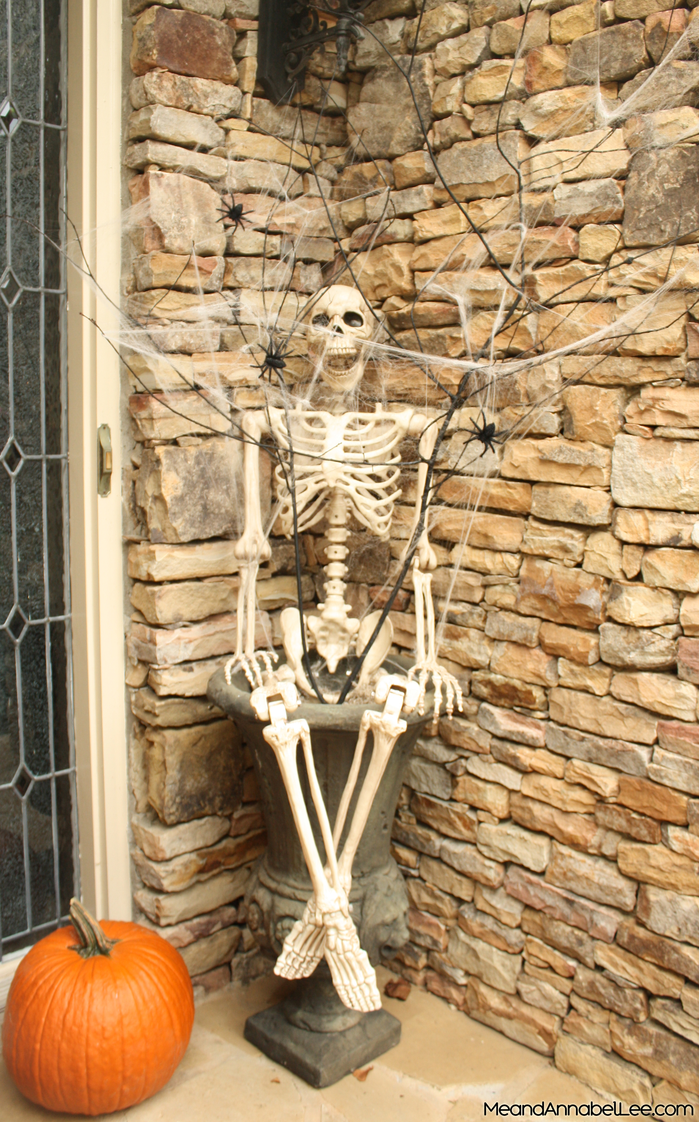 Halloween Front Entry Decor - Skeleton and Spooky Spider Web Branches - www.MeandAnnabelLee.com