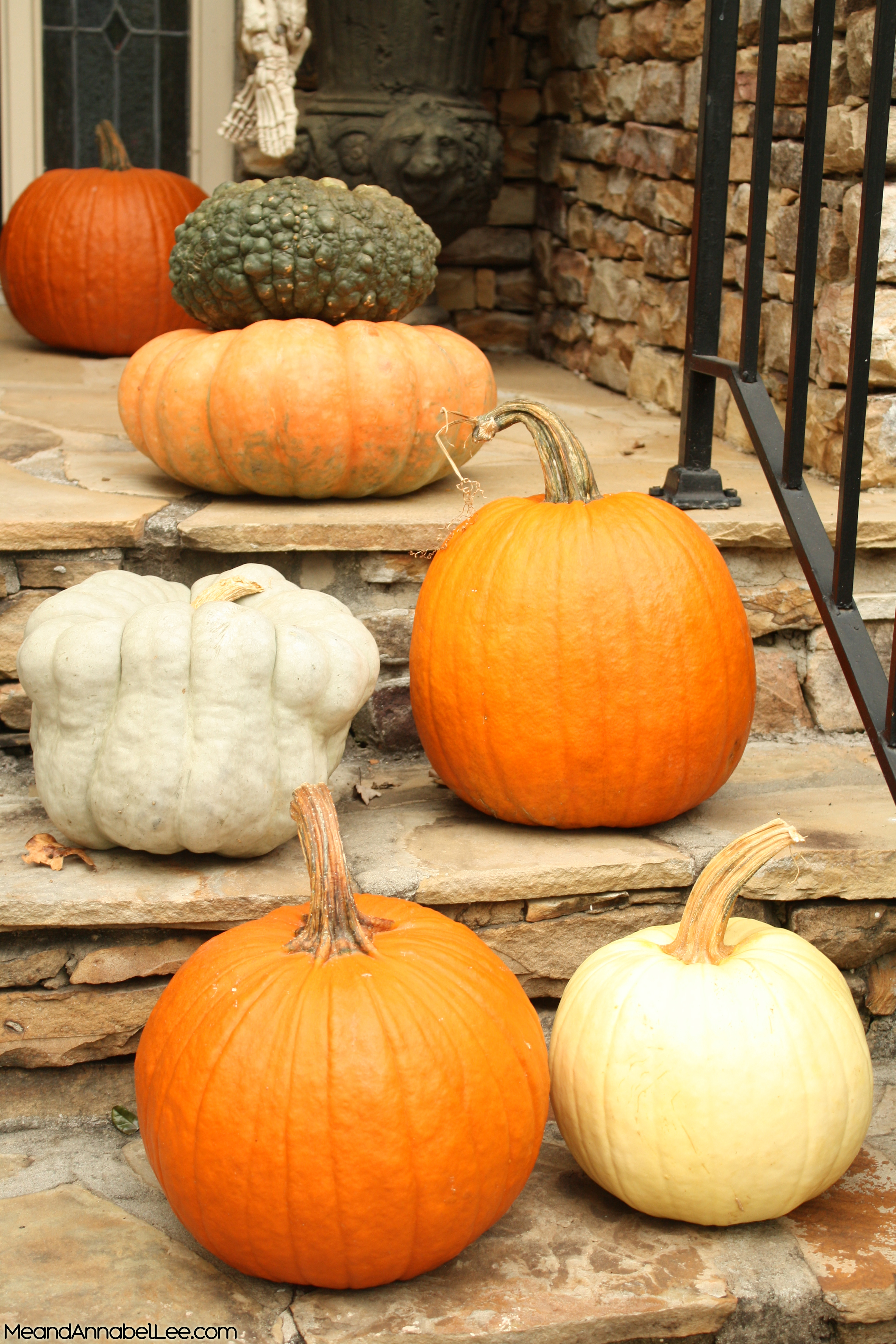 Halloween Front Entry Decor - Line your steps with Pumpkins in all shapes, sizes, & colors - traditional and heirloom - www.MeandAnnabelLee.com