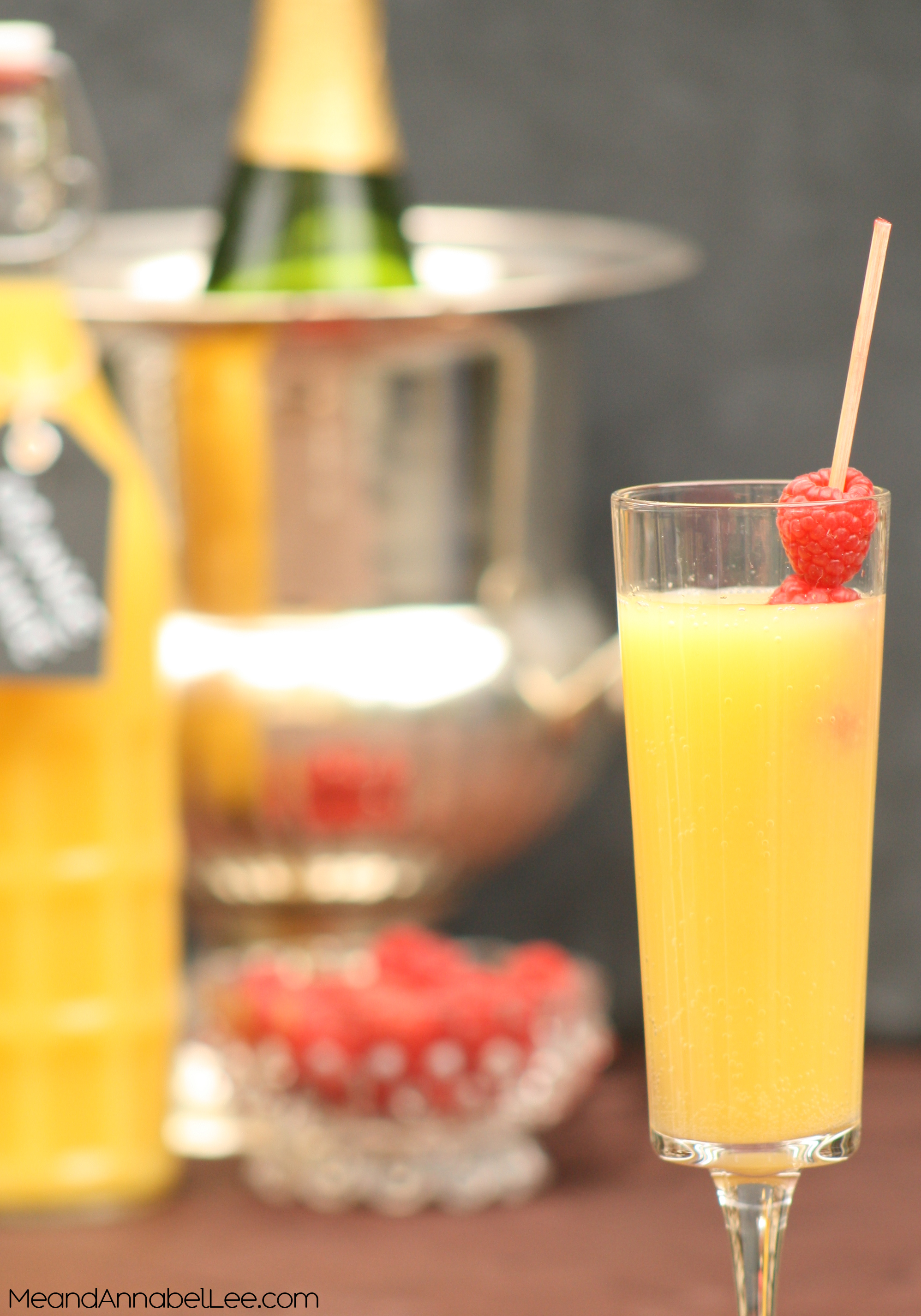 Mimosa Bar - Sunday Brunch - Traditional Mimosa with Frozen Raspberries - www.meandannabellee.com