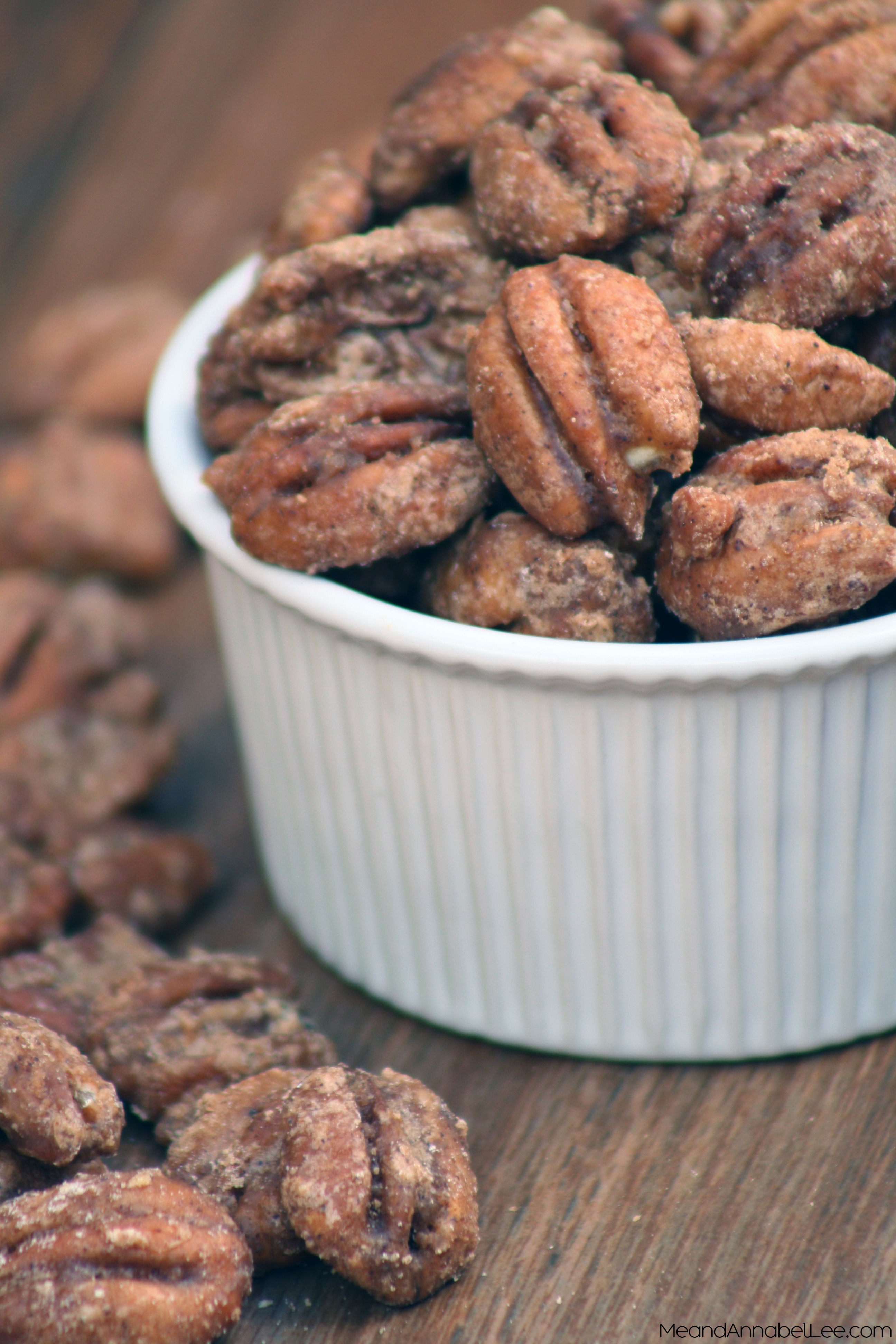 Candied Pecans - Try this simple recipe and you'll never by store-bought again! www.MeandAnnabelLee.com