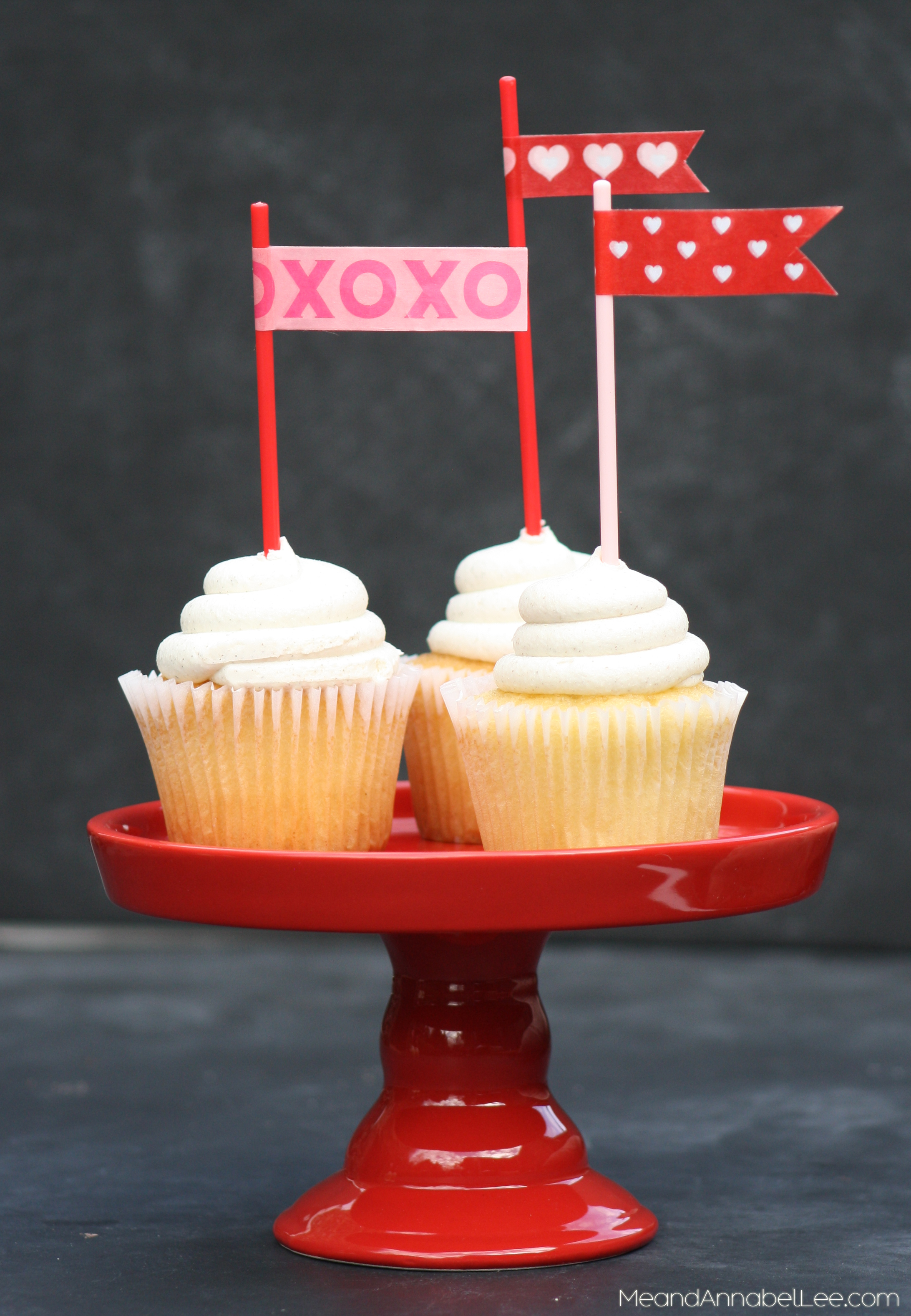 Whimsical DIY Washi Flag Valentine Cupcake Topper - #2 in a series of DIY Valentine Toppers - Valentine's Day Dessert Decor - www.MeandAnnabelLee.com