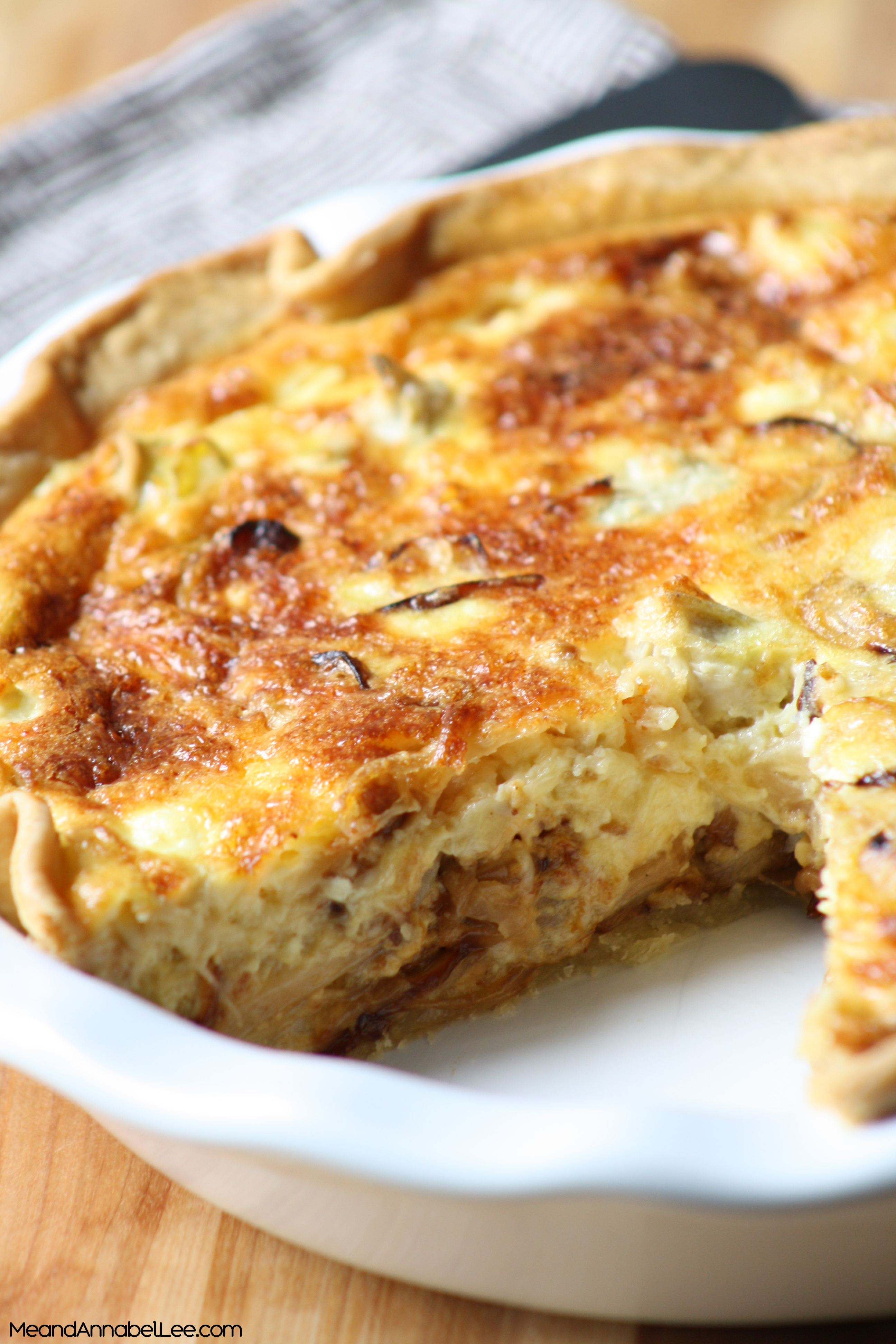 Caramelized Onion Artichoke Feta Quiche ... www.MeandAnnabelLee.com