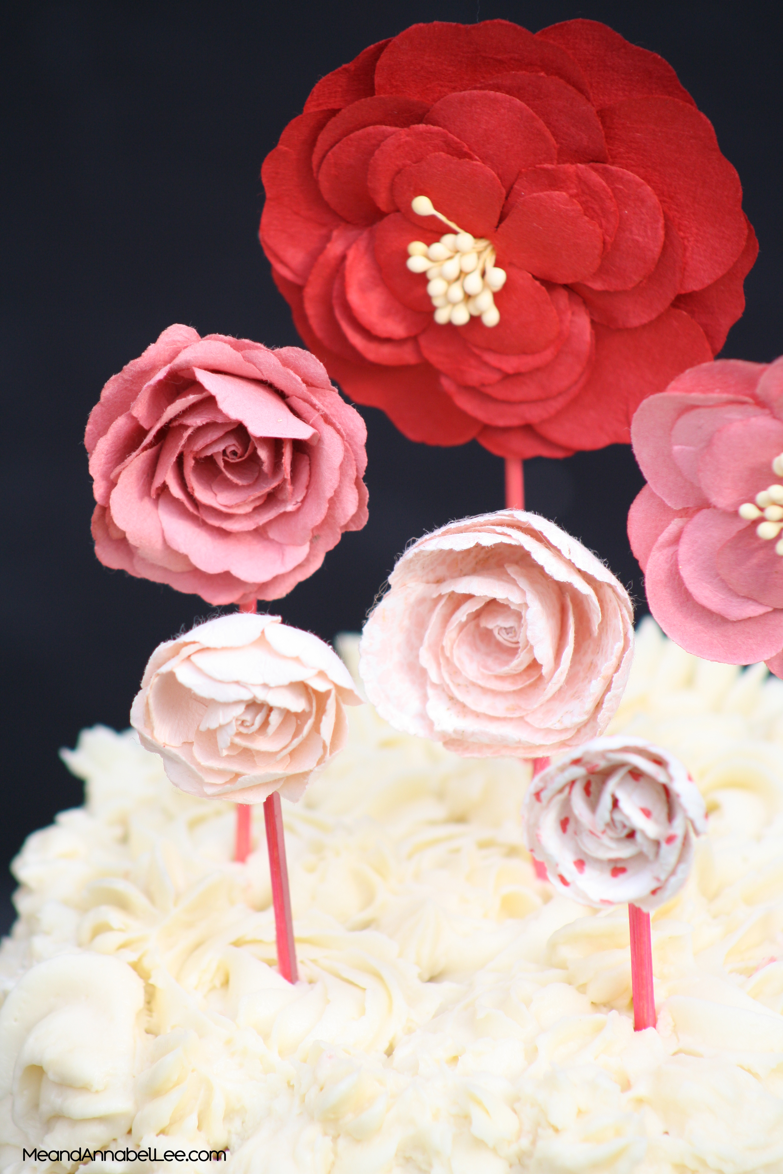 Victorian Inspired Paper Flower Cake Topper - Valentine's Day, Mother's Day, Bridal Shower, Baby Shower - www.MeandAnnabelLee.com