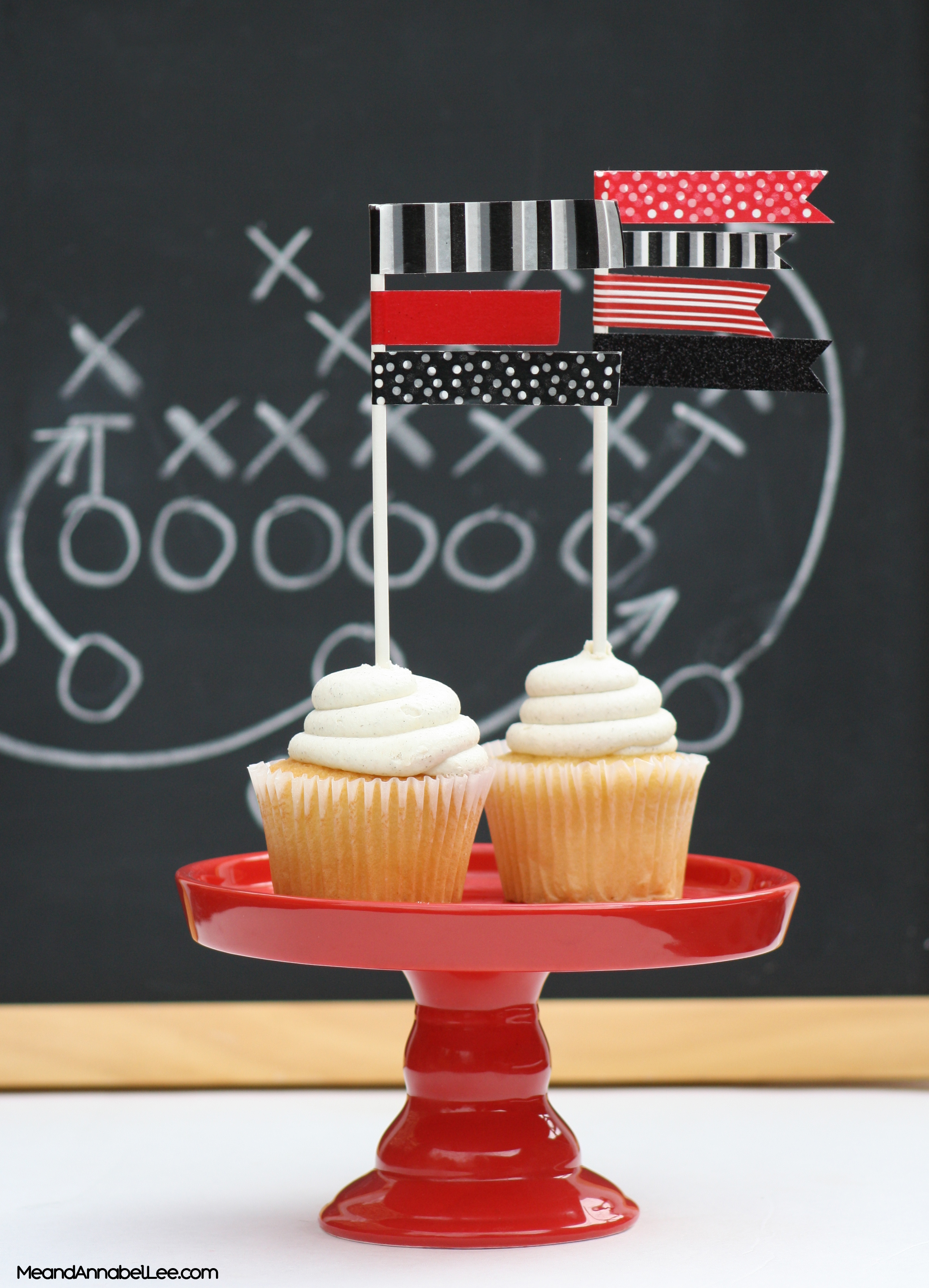 DIY Team Color Washi Flag Cupcake Topper - Atlanta Falcons vs New England Patriots - Super Bowl LI - www.MeandannabelLee.com - #superbowlparty #gameday #superbowlsunday