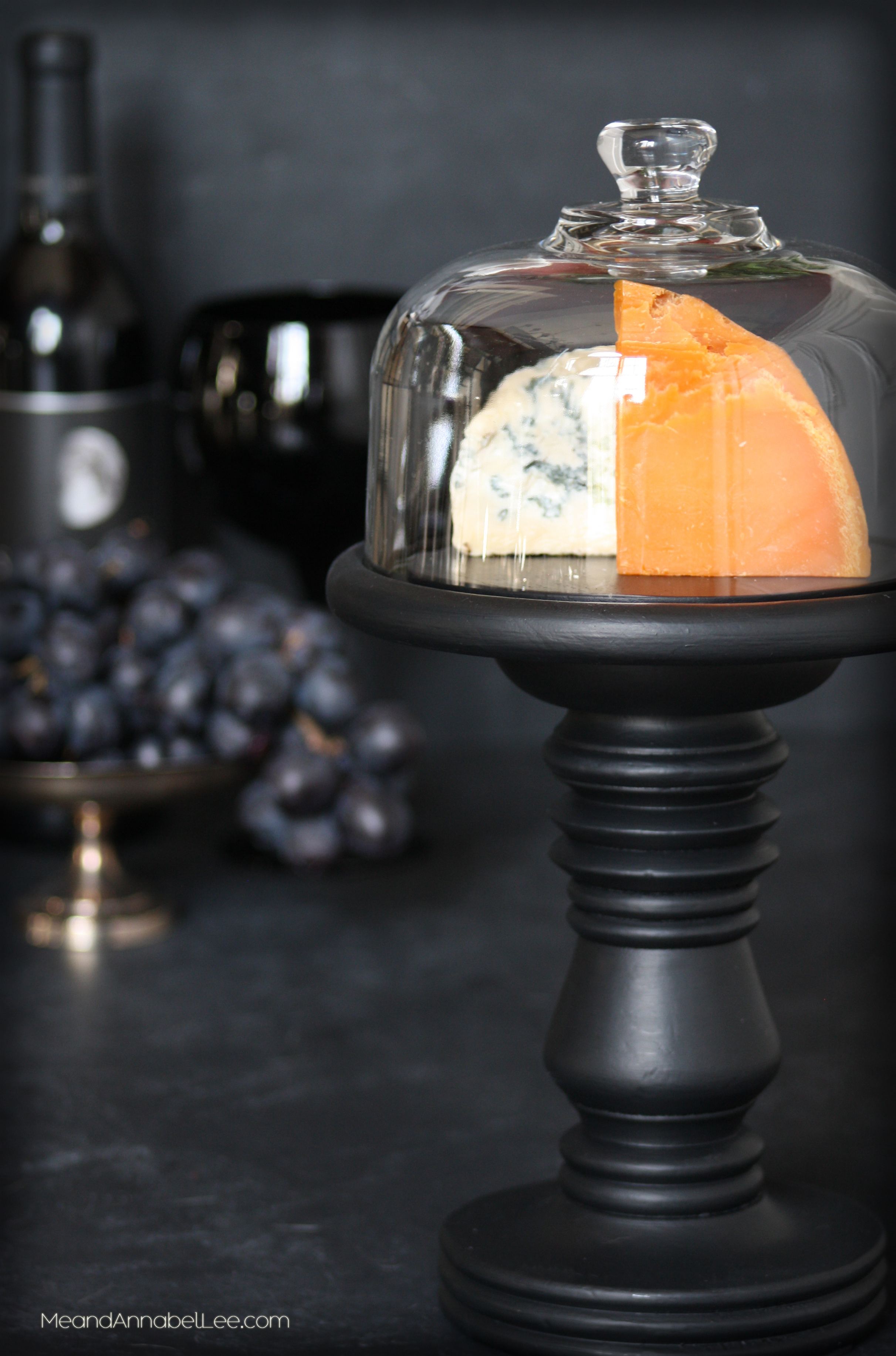 DIY Black Cloche Cheeseboard Pedestal - Goth It Yourself - Gothic Decor - Dark Entertaining - Glass Dome Wooden Cheesetray - Trash to Treasure - Thrift Shop Finds - www.MeandAnnabelLee.com - Blog for all things Dark, Gothic, Victorian, & Unusual