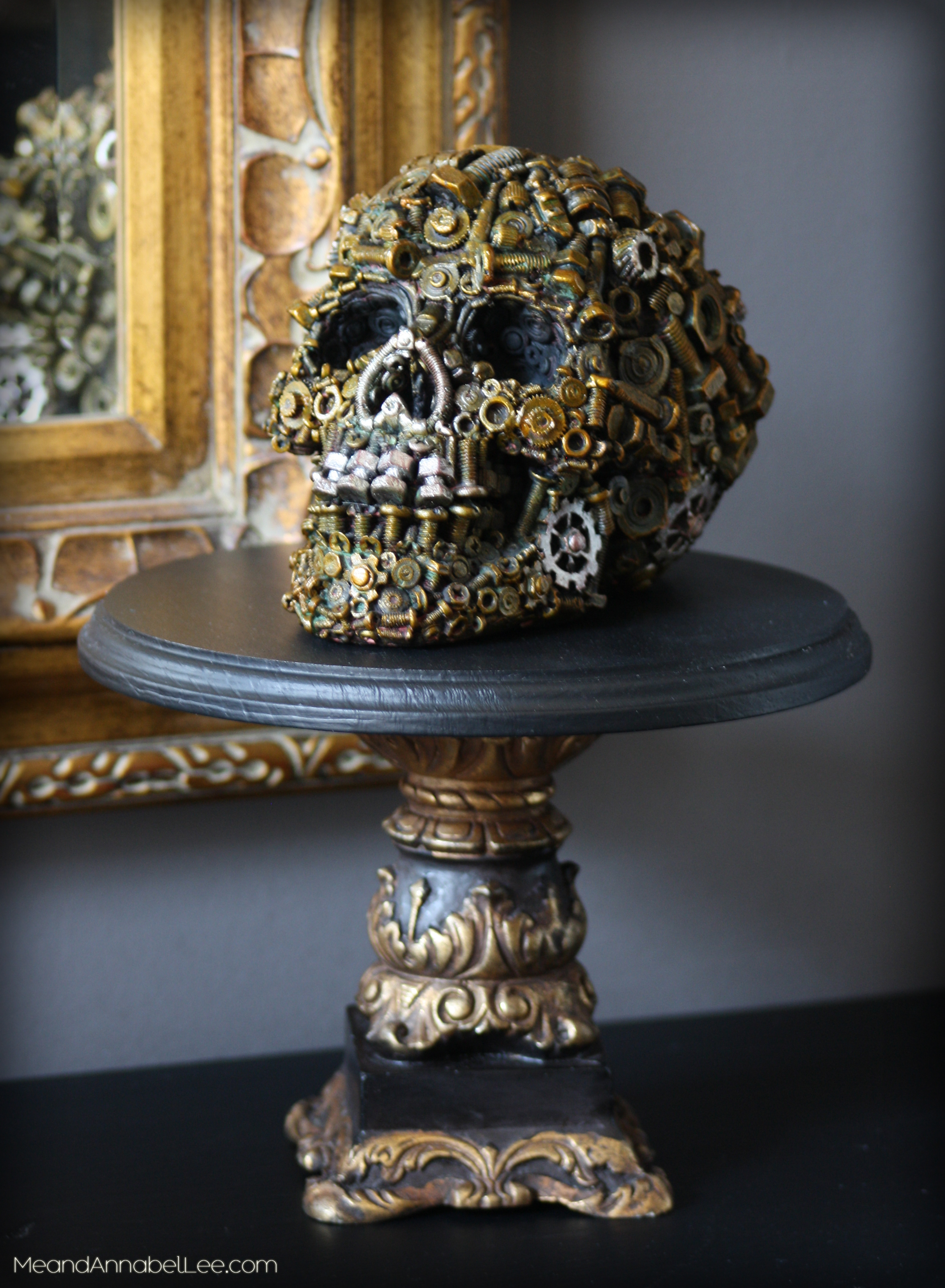 Fit For a King - Black & Gold Gothic Cake Stand - Trash to Treasure Style! Dark Style - Skull Decor - www.meandannabellee.com