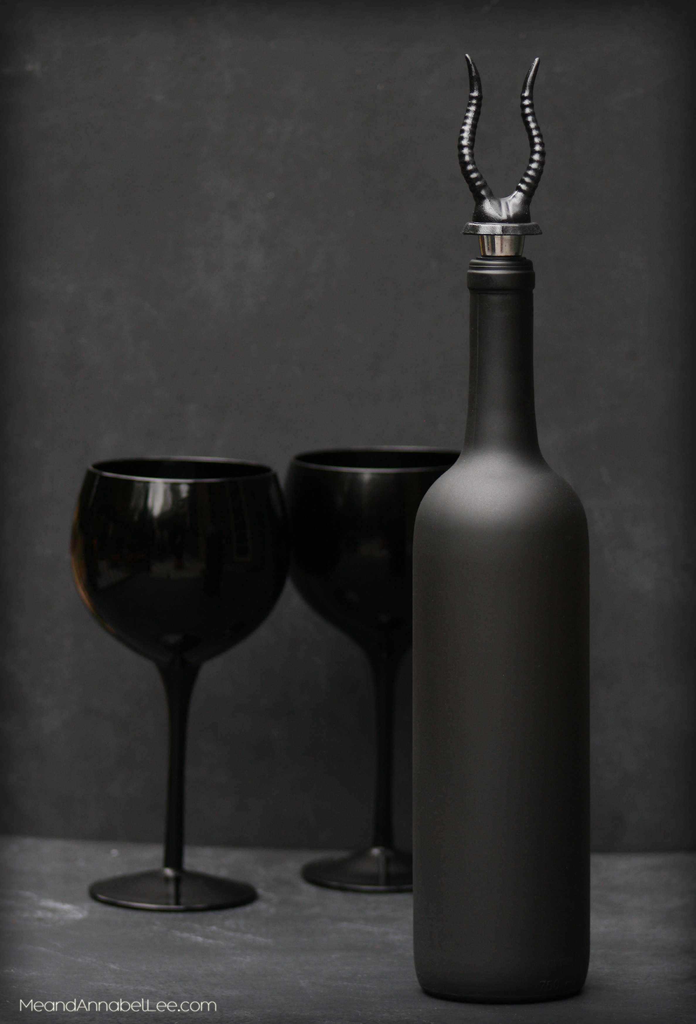 A Gothic Wine Bottle Stopper and Black Bottle - Black Horn Wine Stopper - Goth DIY - Goth It Yourself - www.MeandAnnabelLee.com
