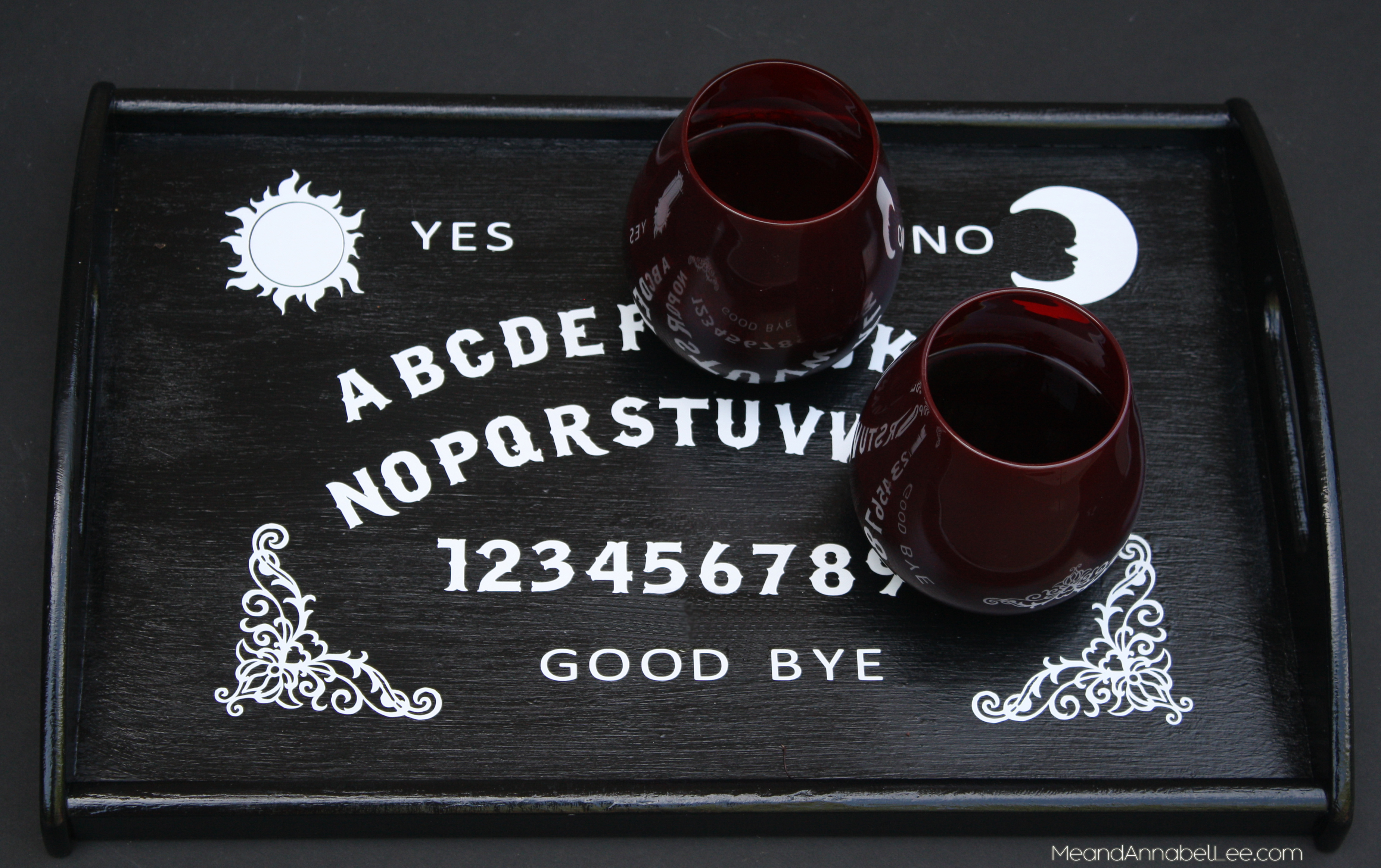 DIY Ouija Board Serving Tray - Trash to Treasure - Cricut Tutorial - DIY Fail - Gothic Entertaining - Goth It Yourself - www.MeandAnnabelLee.com