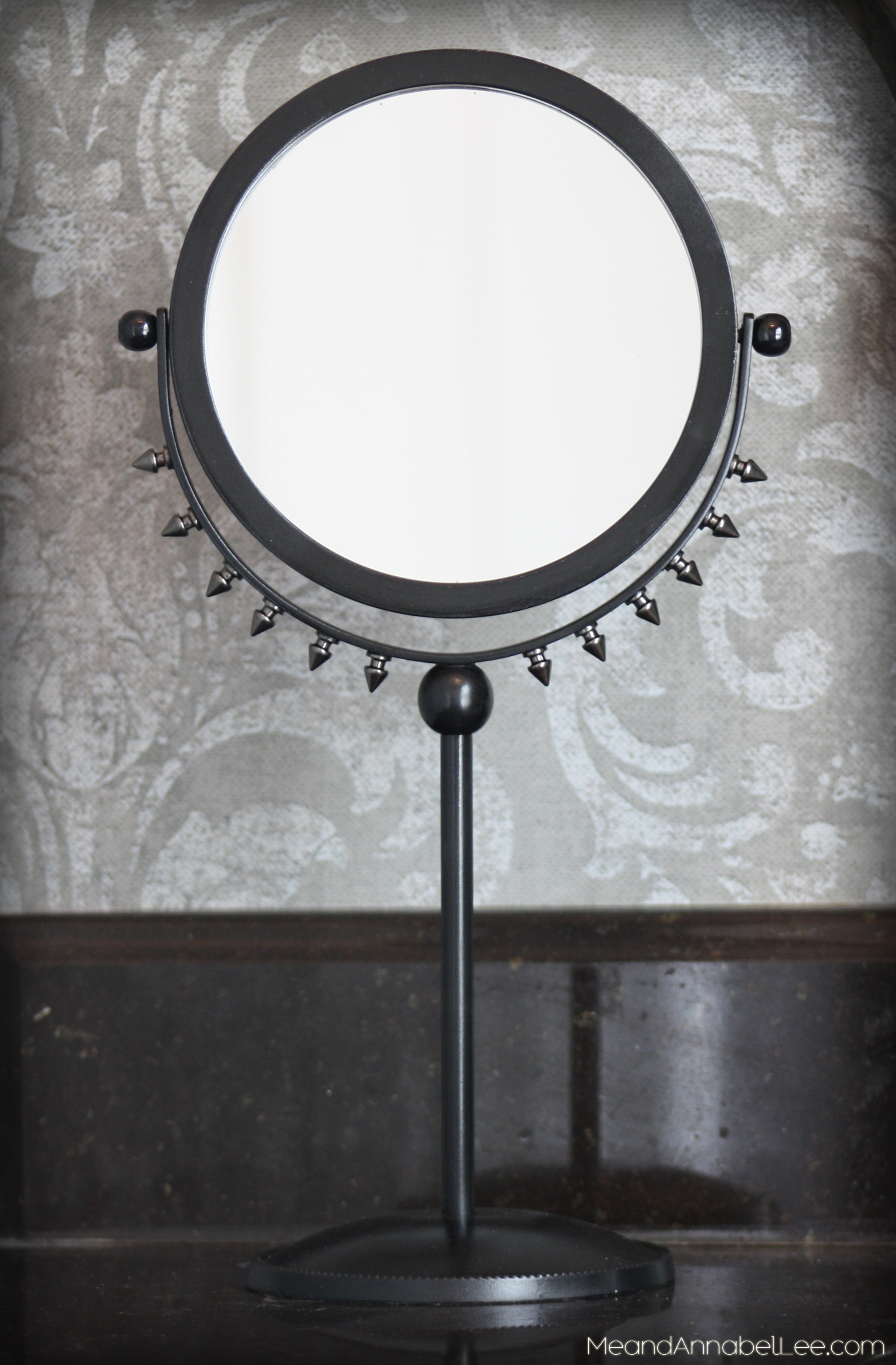 A Makeup Mirror gets a Rock Star Makeover - DIY Rockstar Gothic Goth Heavy Metal Spiked Mirror - Goth It Yourself - www.MeandAnnabelLee.com