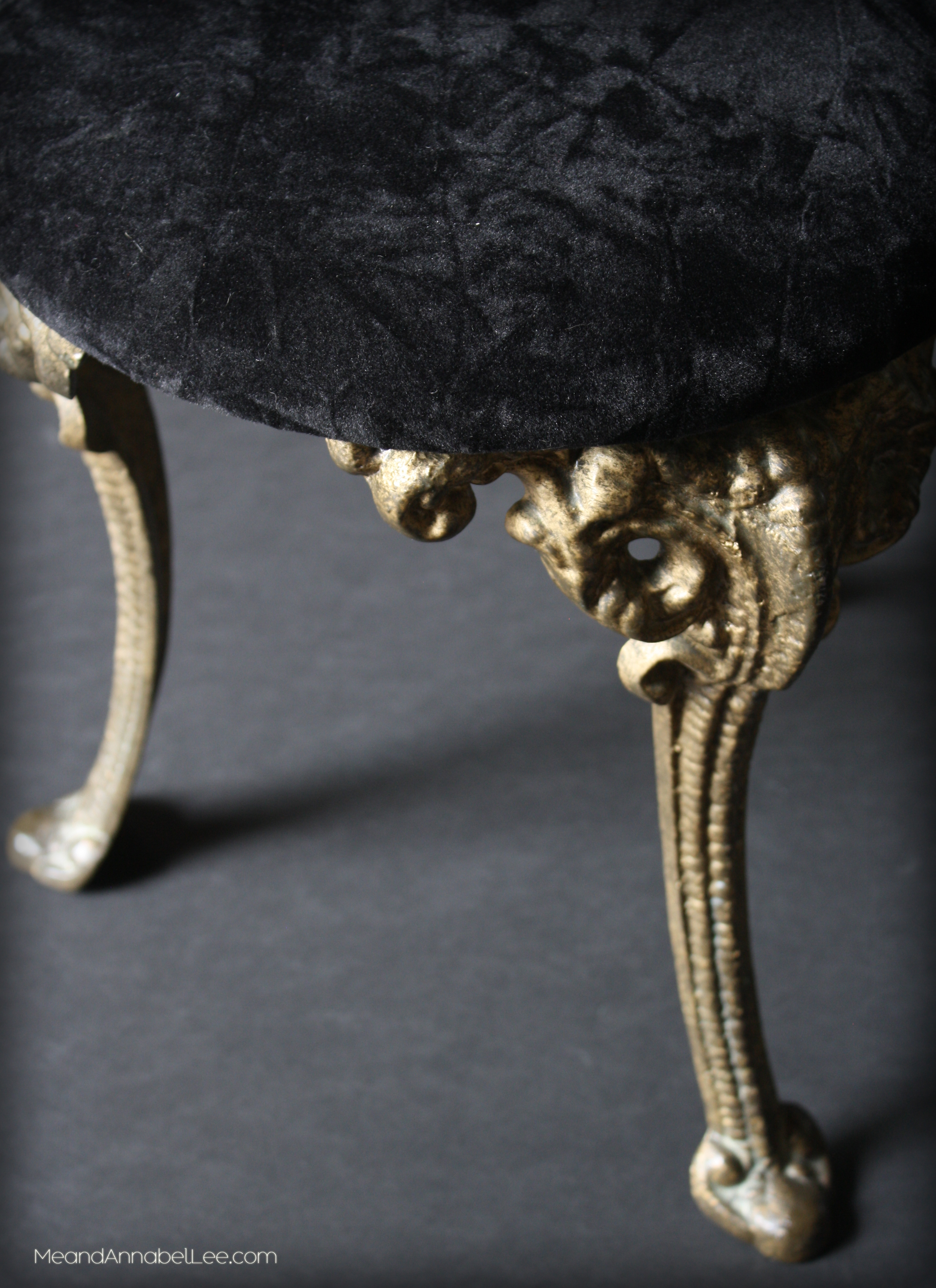 Fabulous DIY Black Crushed Velvet Upholstered Gothic Piano Stool - Goth It Yourself - Gothic Home Decor - Trash to Treasure Project - www.MeandAnnabelLee.com