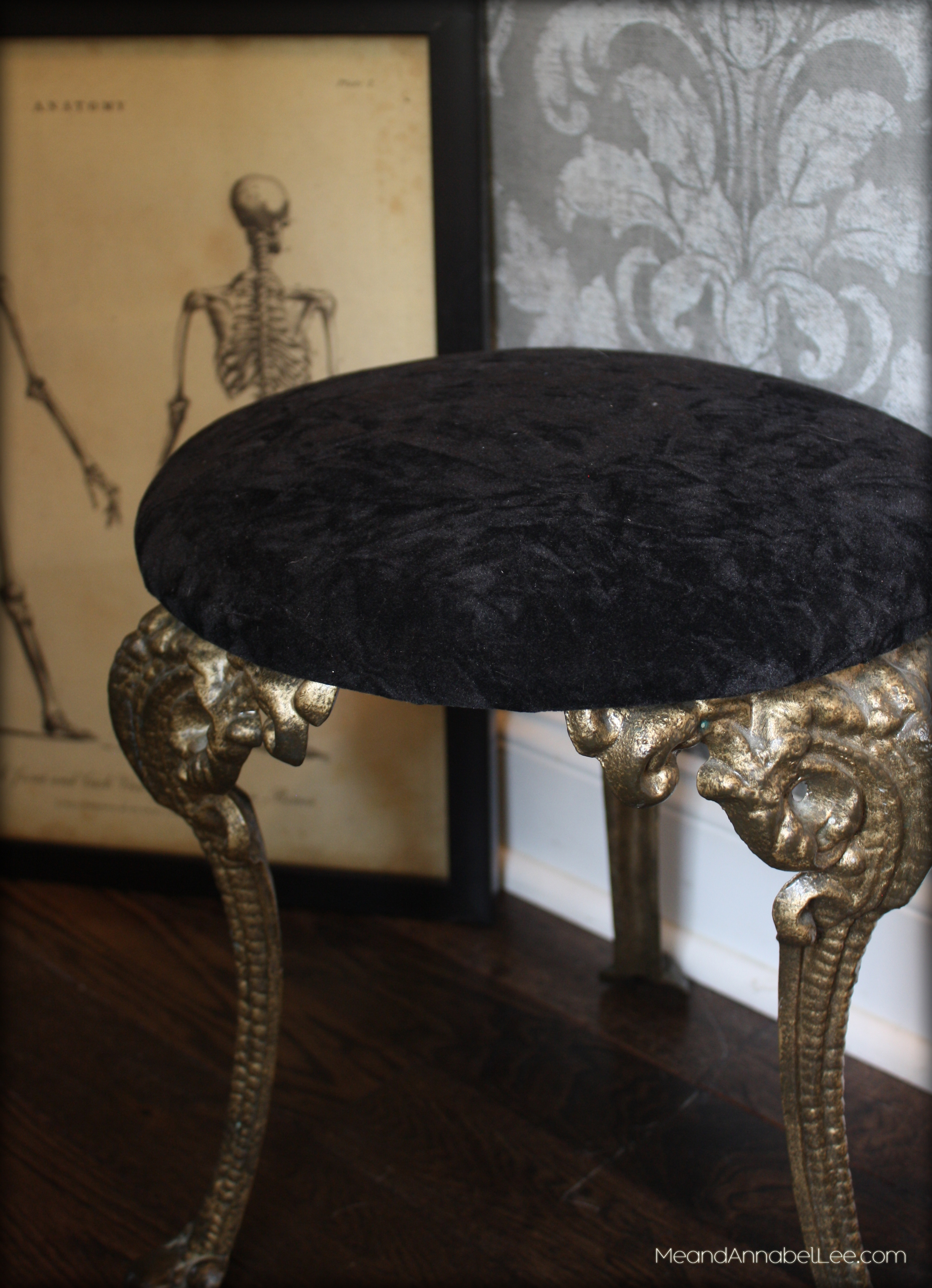 Fabulous DIY Black Crushed Velvet Upholstered Gothic Piano Stool - Goth It Yourself - Gothic Home Decor - Trash to Treasure Project - www.MeandAnnabelLee.com