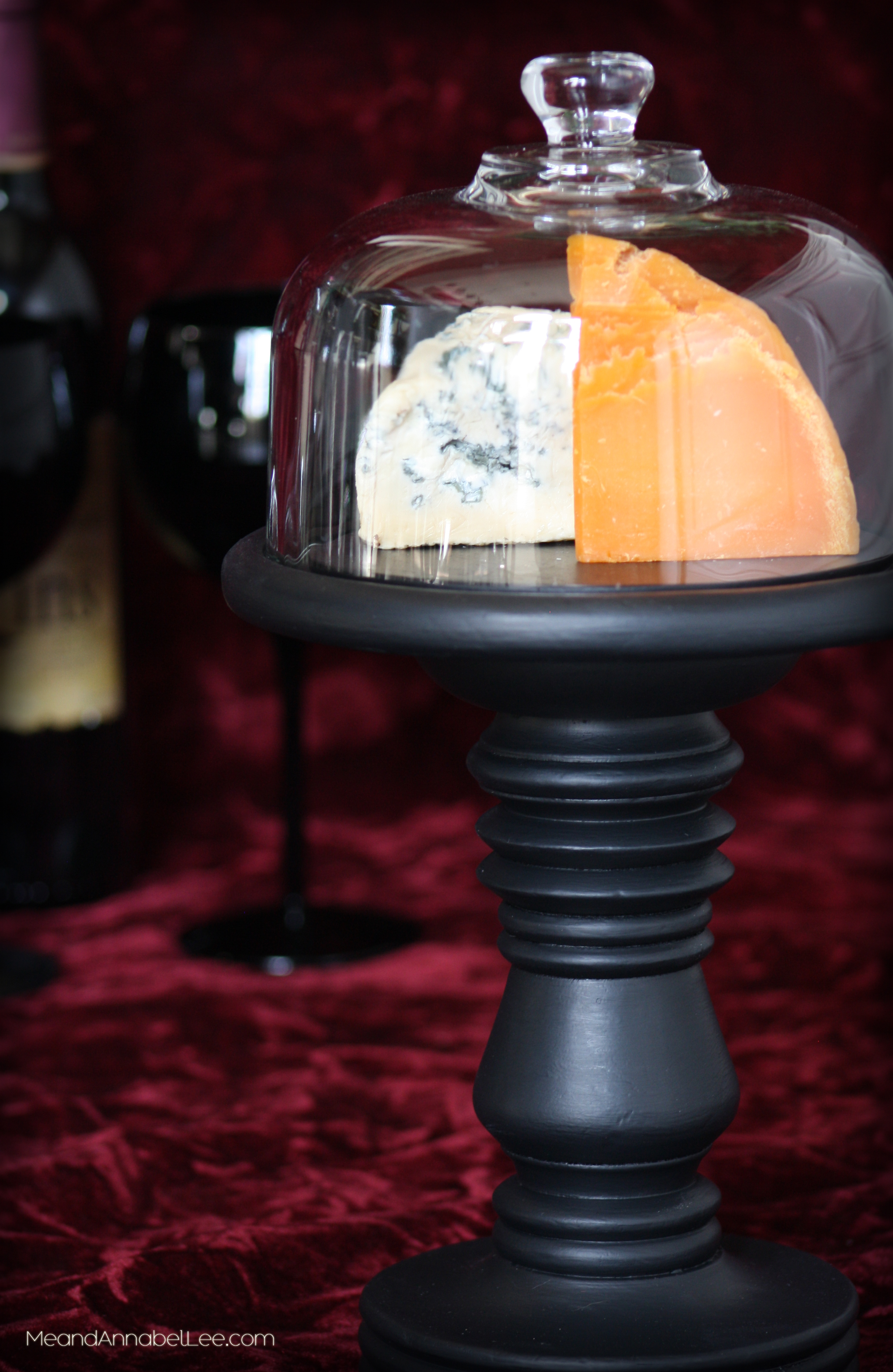 DIY Black Cloche Cheeseboard Pedestal - Goth It Yourself - Gothic Decor - Dark Entertaining - Glass Dome Wooden Cheesetray - Trash to Treasure - Thrift Shop Finds - www.MeandAnnabelLee.com - Blog for all things Dark, Gothic, Victorian, & Unusual