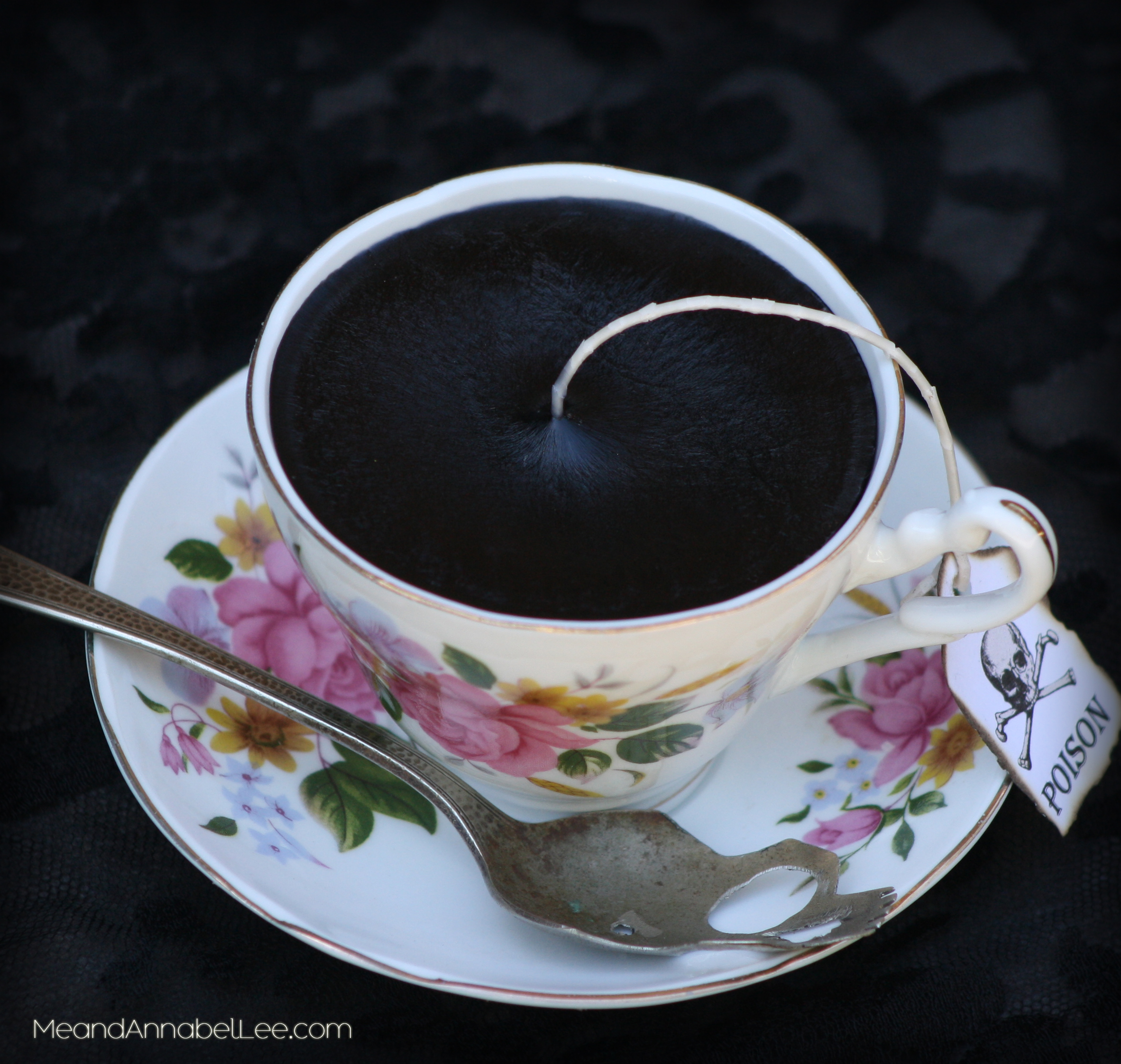 DIY Victorian Gothic Black Tea Cup Candles - Goth It Yourself Candlemaking - How to Make Candles - Vintage Tea Cup Trash to Treasure - Alice in Wonderland Tea Party - www.MeandAnnabelLee.com - - Blog for all things Dark, Gothic, Victorian, & Weird