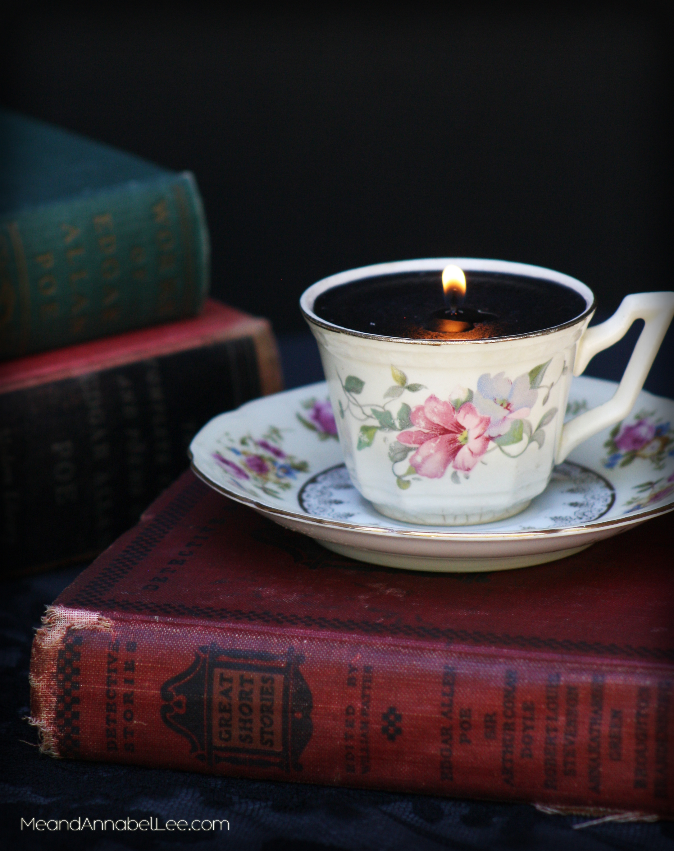 DIY Victorian Gothic Black Tea Cup Candles - Goth It Yourself Candlemaking - How to Make Candles - Vintage Tea Cup Trash to Treasure - Alice in Wonderland Tea Party - www.MeandAnnabelLee.com - - Blog for all things Dark, Gothic, Victorian, & Weird