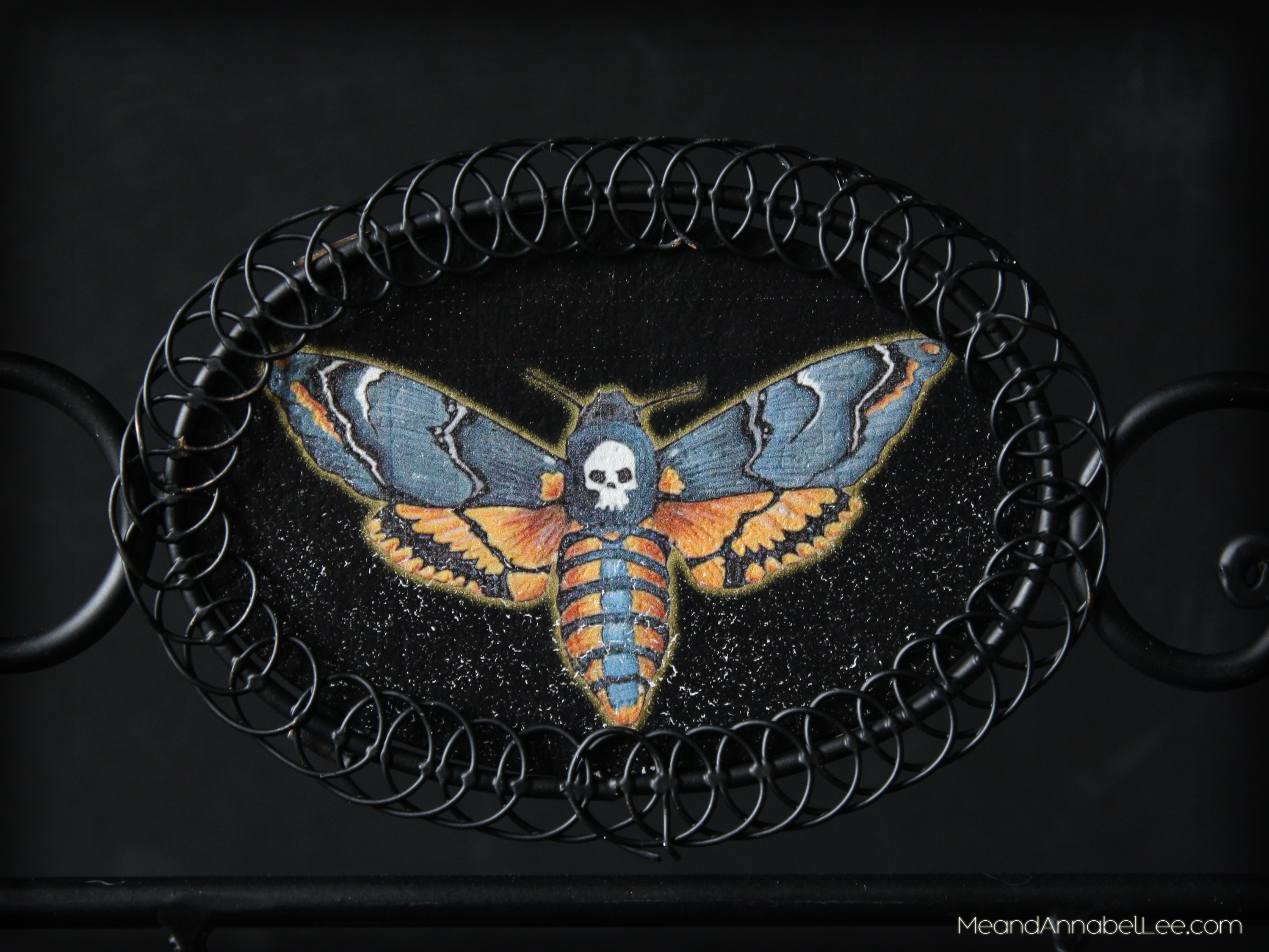 DIY Death's Head Moth Book Stand - How to Transfer an Image to Metal using a Waterslide Decal - Goth It Yourself - Gothic DIY - Skull - Trash to Treasure Transformation - www.MeandAnnabelLee.com - Blog for all things Dark, Gothic, Victorian, & Unusual