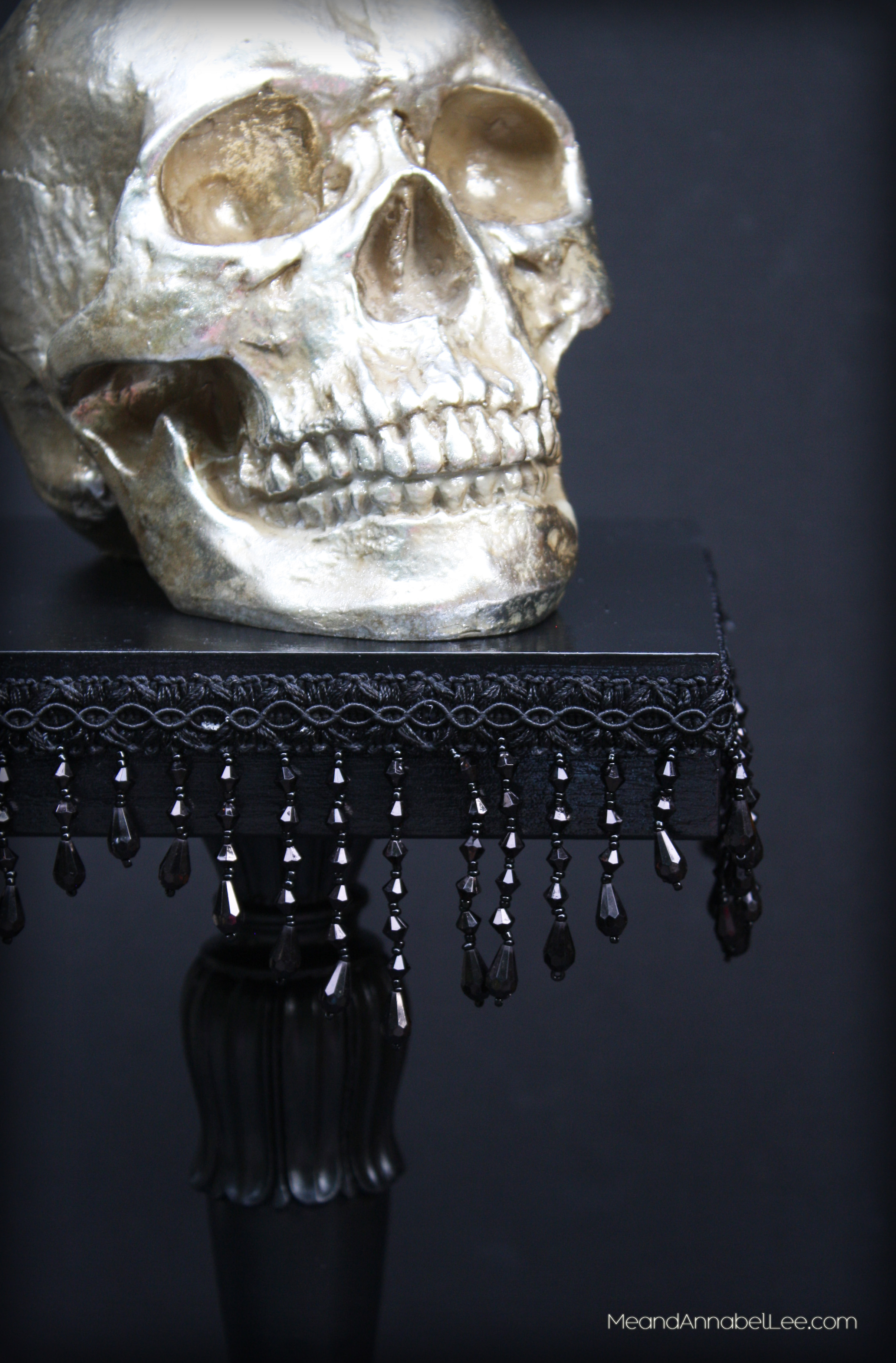 Beaded Fringe Black Cake Stand |Skull Display | DIY | Goth It Yourself | Trash to Treasure | Gothic | Halloween Party Decoration
