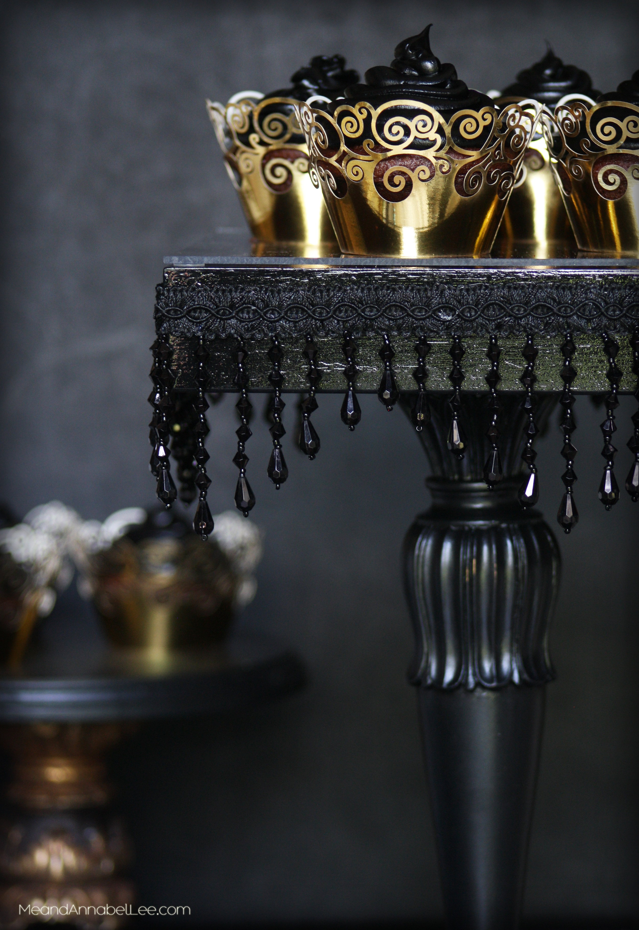 Dark & Glamorous Entertaining | Beaded Fringe Black Cake Stand | Gold & Black Cupcakes | DIY | Goth It Yourself | Gothic Baking | Trash to Treasure | Gothic | Halloween Party