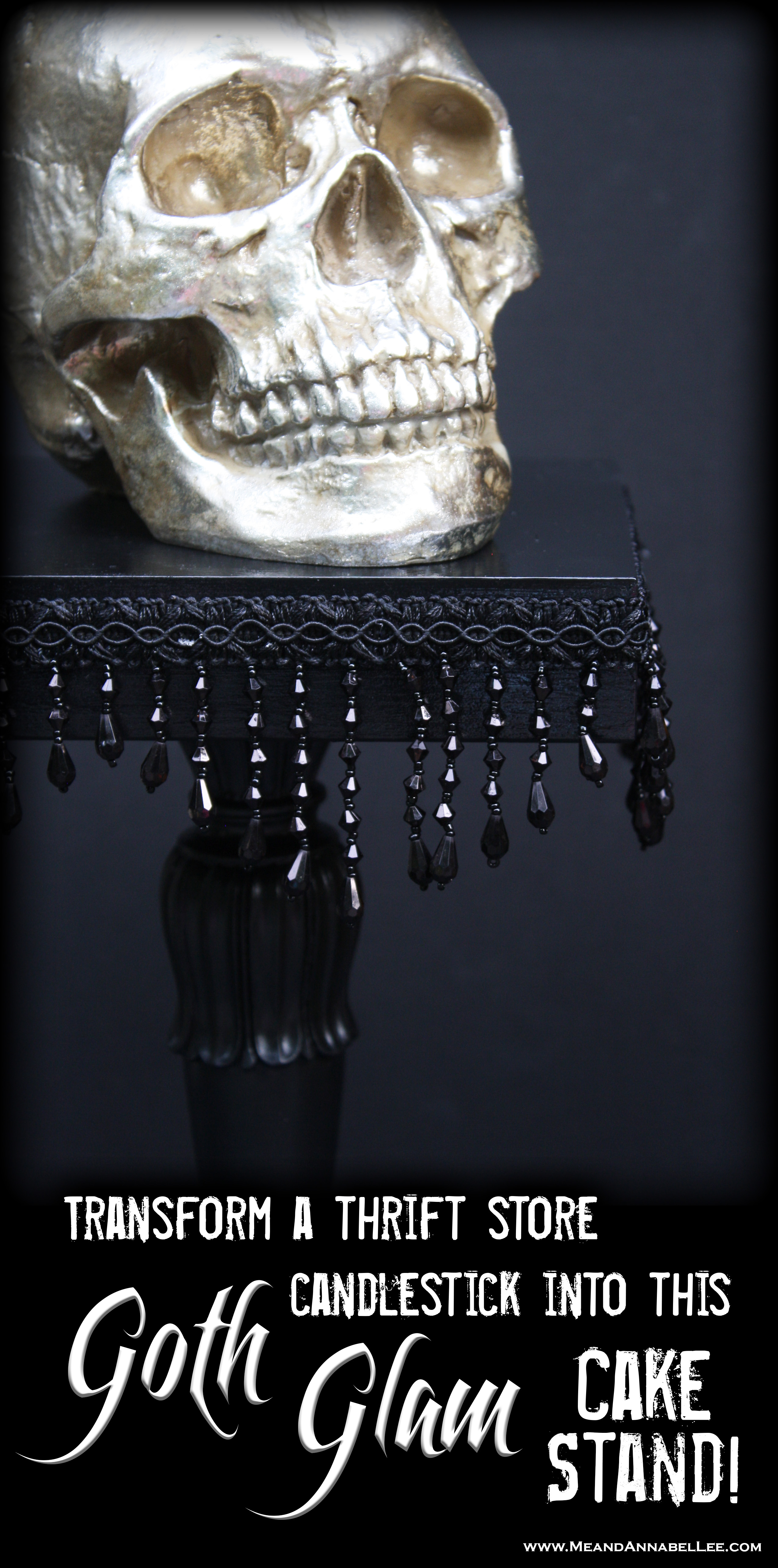 DIY Black Gothic Cakestand | Jet Black Beaded Fringe | Goth it Yourself | Gothing Entertaining | Halloween Party | www.MeandAnnabelLee.com