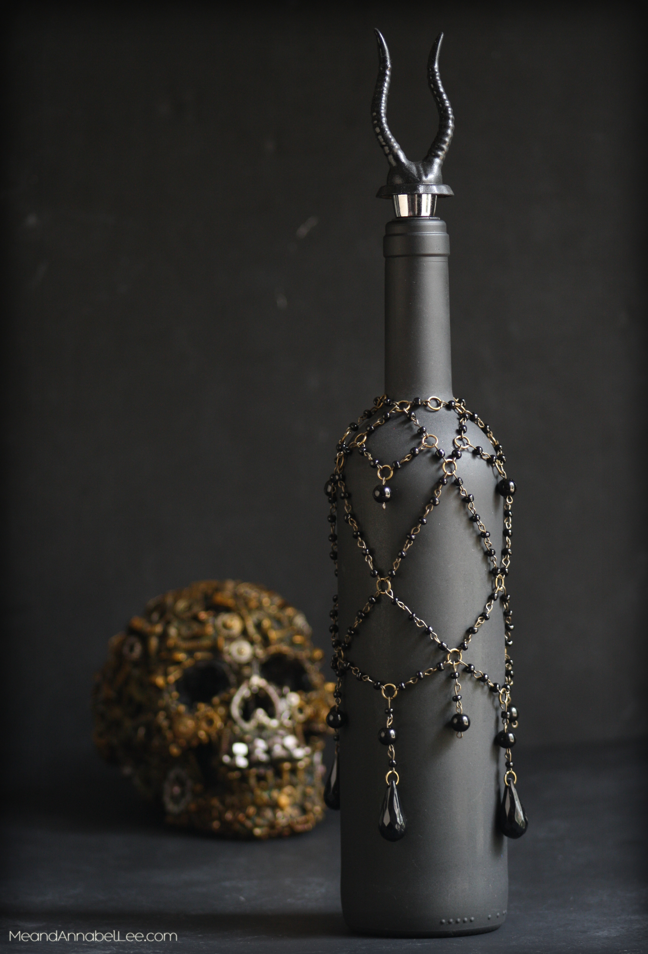 Gothic Glam Beaded Wine Bottle Cover - Goth It yourself - Black & Gold Entertaining - www.MeandAnnabelLee.com - Blog for all things Dark, Gothic, Victorian, & Unusual