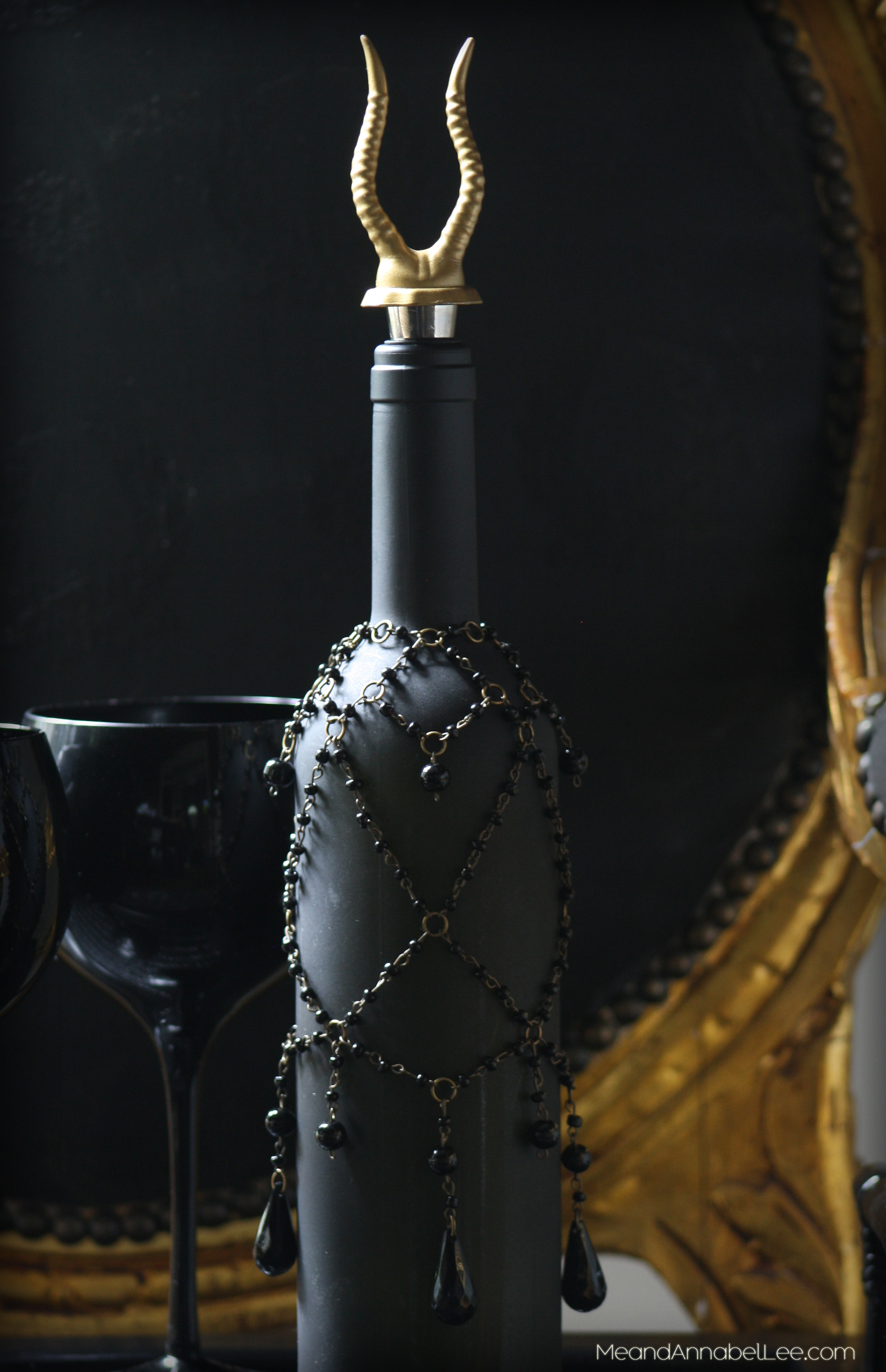 Gothic Glam Beaded Wine Bottle Cover - Goth It yourself - Black & Gold Entertaining - www.MeandAnnabelLee.com - Blog for all things Dark, Gothic, Victorian, & Unusual