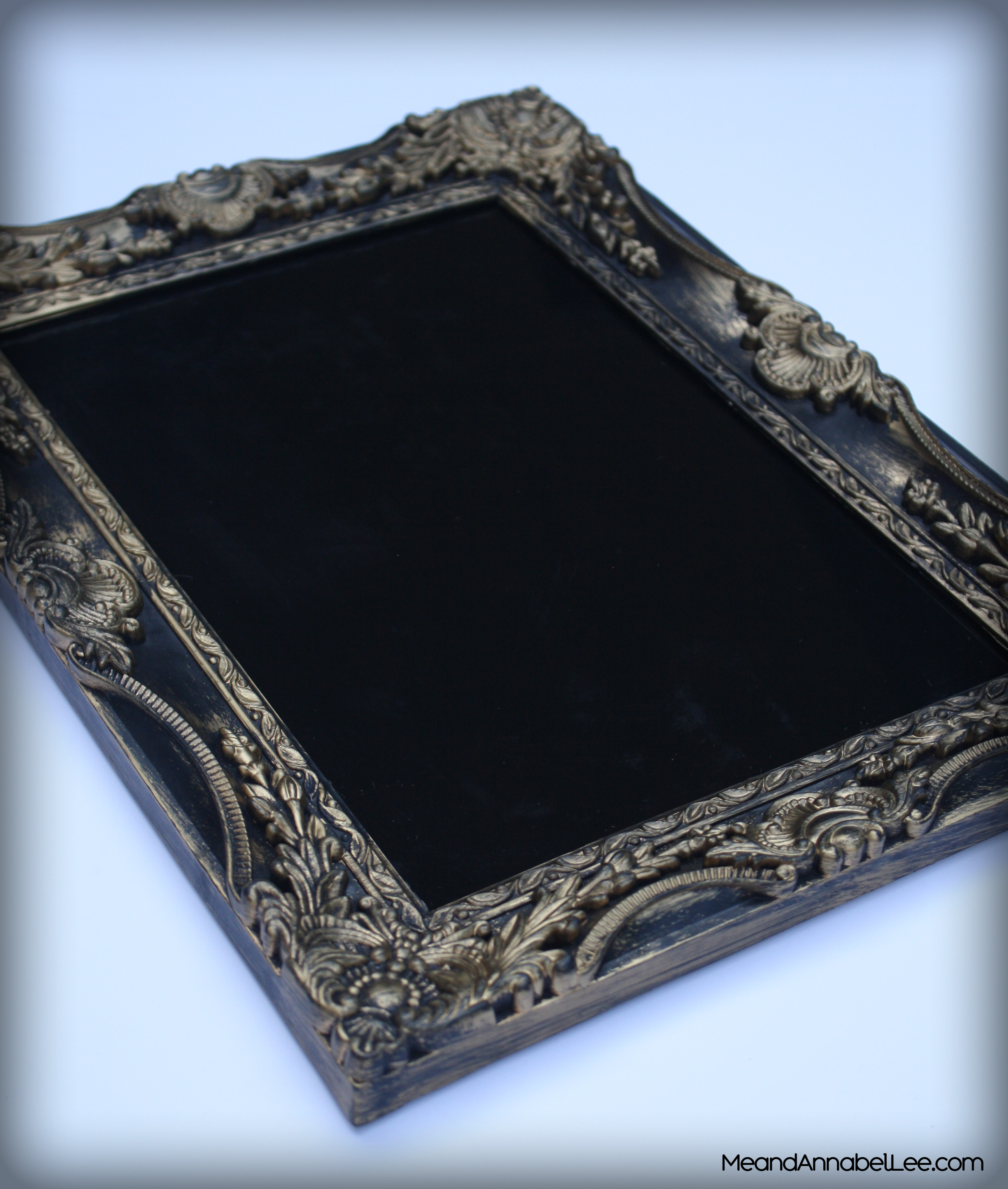 DIY Ornate Black & Gold Gothic Serving Tray - Transform a Thrift Store Frame into a Tray with this Goth It Yourself Project - www.MeandAnnabelLee.com - Blog for all things Dark, Gothic, Victorian, & Unusual