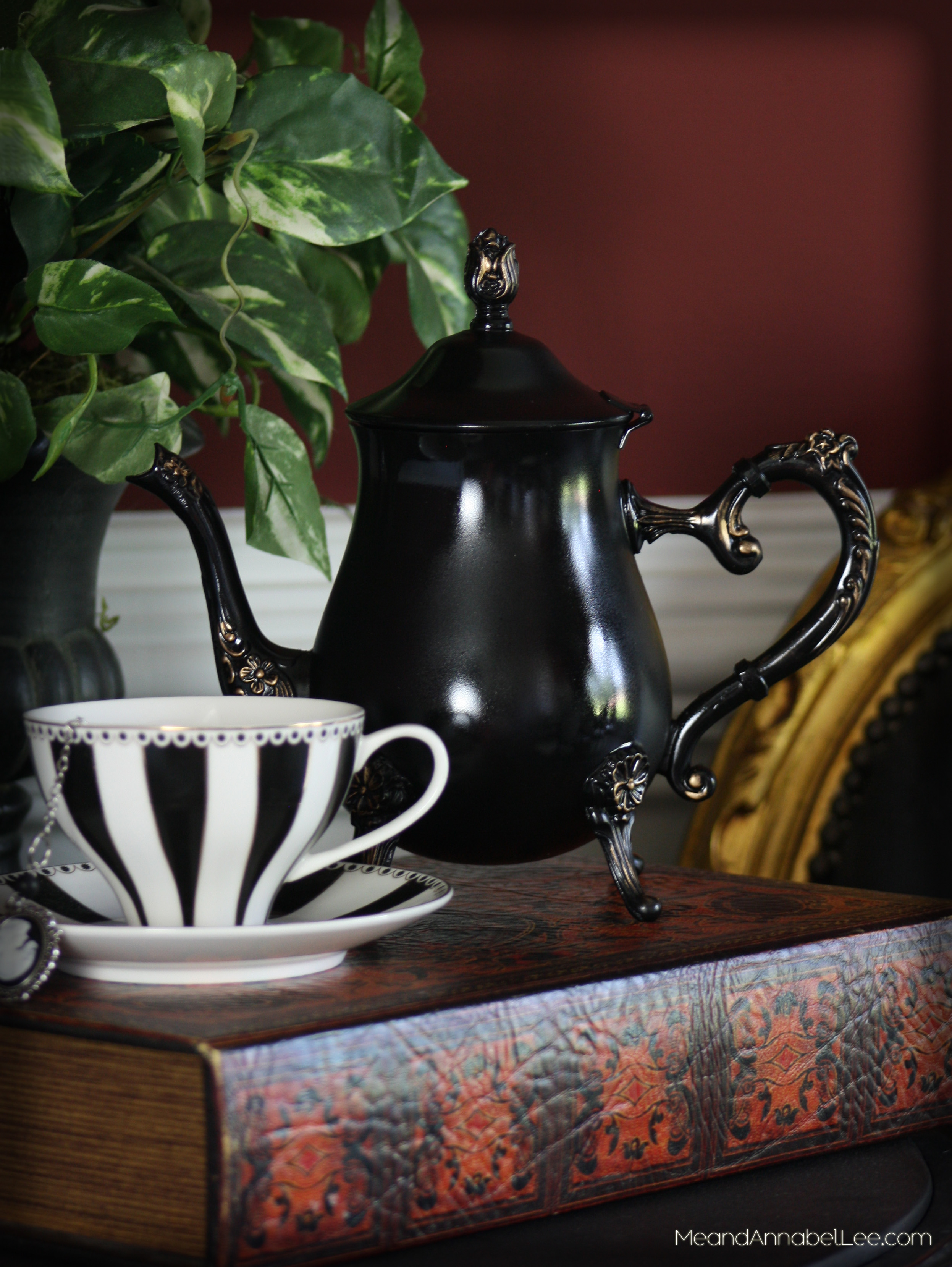 DIY Black & Gold Victorian Gothic Tea Set / Tea Pot - Goth entertaining & Home Decor - Dark Alice in Wonderland - www.MeandAnnabelLee.com - Blog for all things Dark, Gothic, Victorian, & Unusual