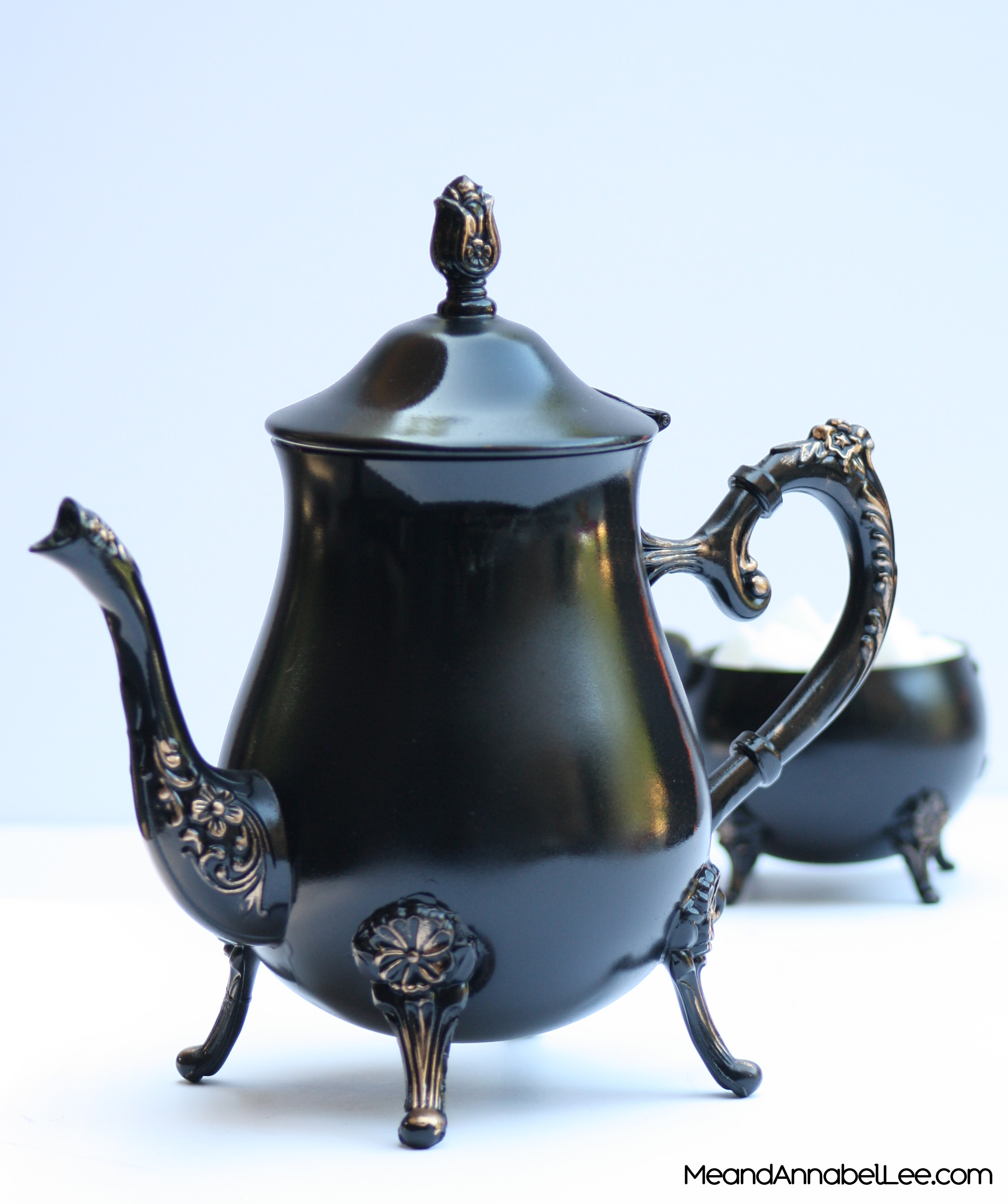 DIY Black & Gold Victorian Gothic Tea Set / Tea Pot - Goth entertaining & Home Decor - Dark Alice in Wonderland - www.MeandAnnabelLee.com - Blog for all things Dark, Gothic, Victorian, & Unusual