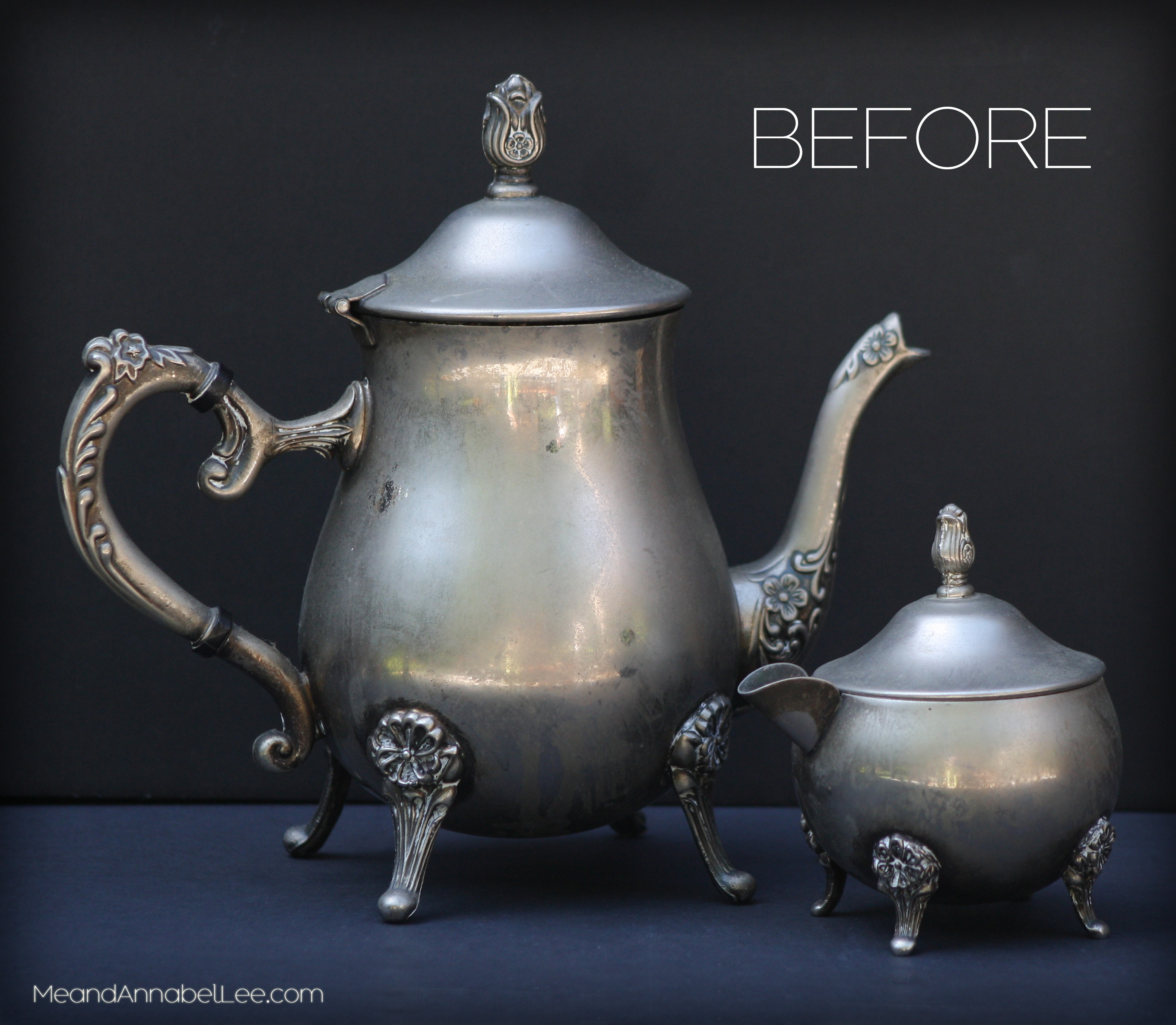 BEFORE - DIY Black & Gold Victorian Gothic Tea Set - Goth entertaining & Home Decor - www.MeandAnnabelLee.com - Blog for all things Dark, Gothic, Victorian, & Unusual