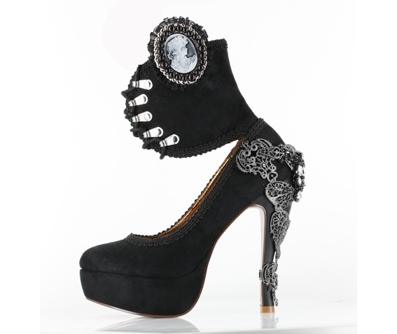 10 Gorgeous Gothic Shoes for a Gothic Bride! Victorian Steampunk Cameo Hades Ana Bolena Faux Suede Heels - for a Goth Wedding - www.MeandAnnabelLee.com - Blog for all things Dark, Gothic, Victorian, & Unusual