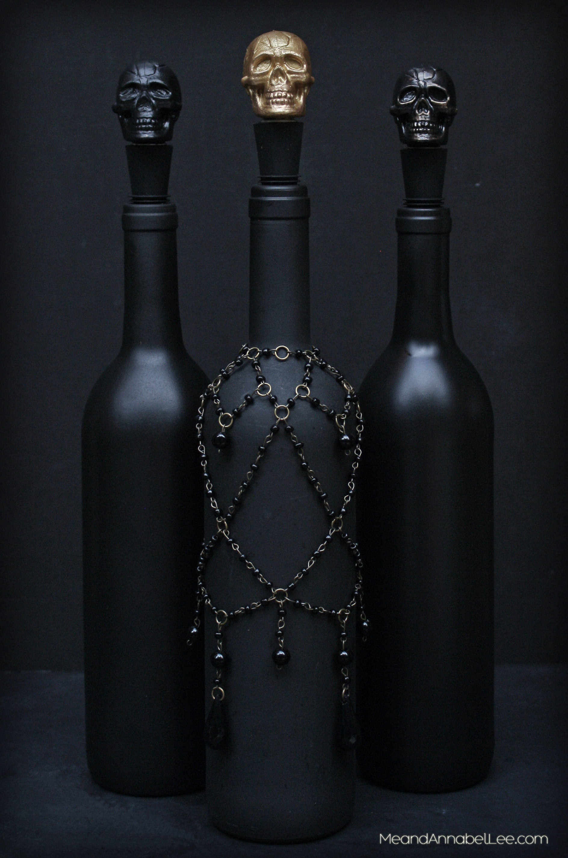DIY Black Gold Skull Wine Bottle Stopper Halloween Party Decor | Me and Annabel Lee