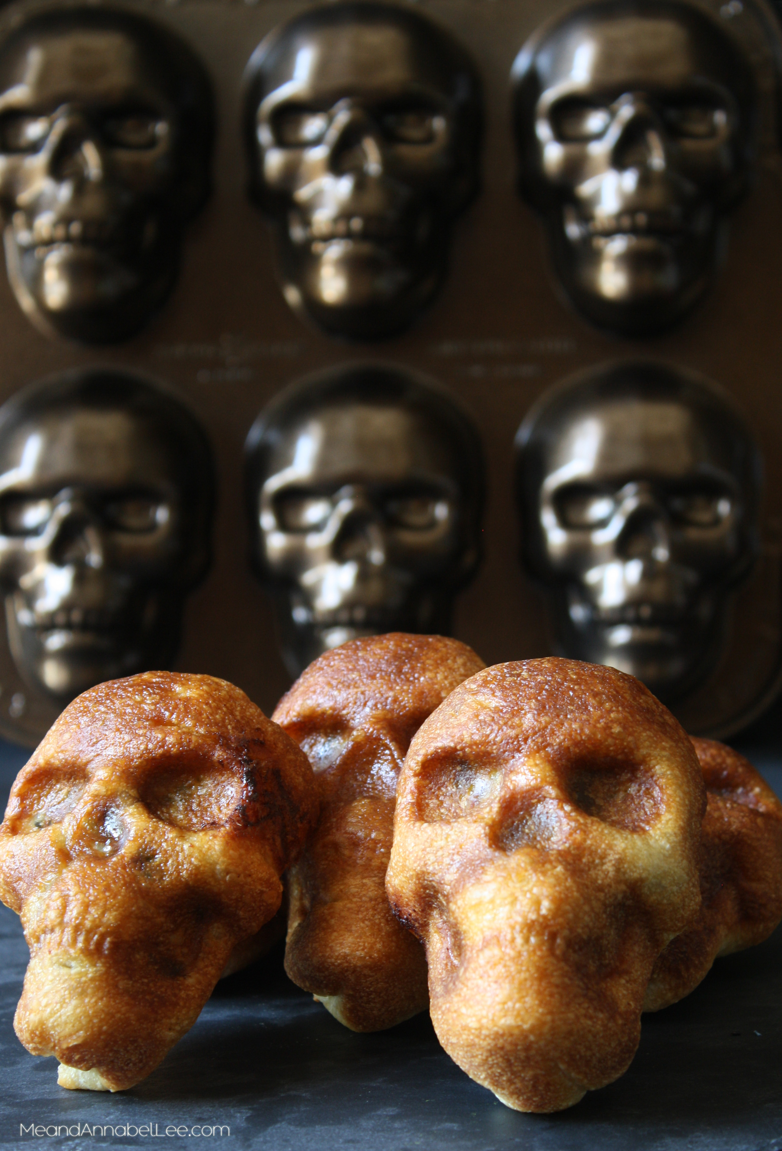 Spinach Feta Skull Appetizers - Halloween Treats - Gothic Baking - www.MeandAnnabelLee