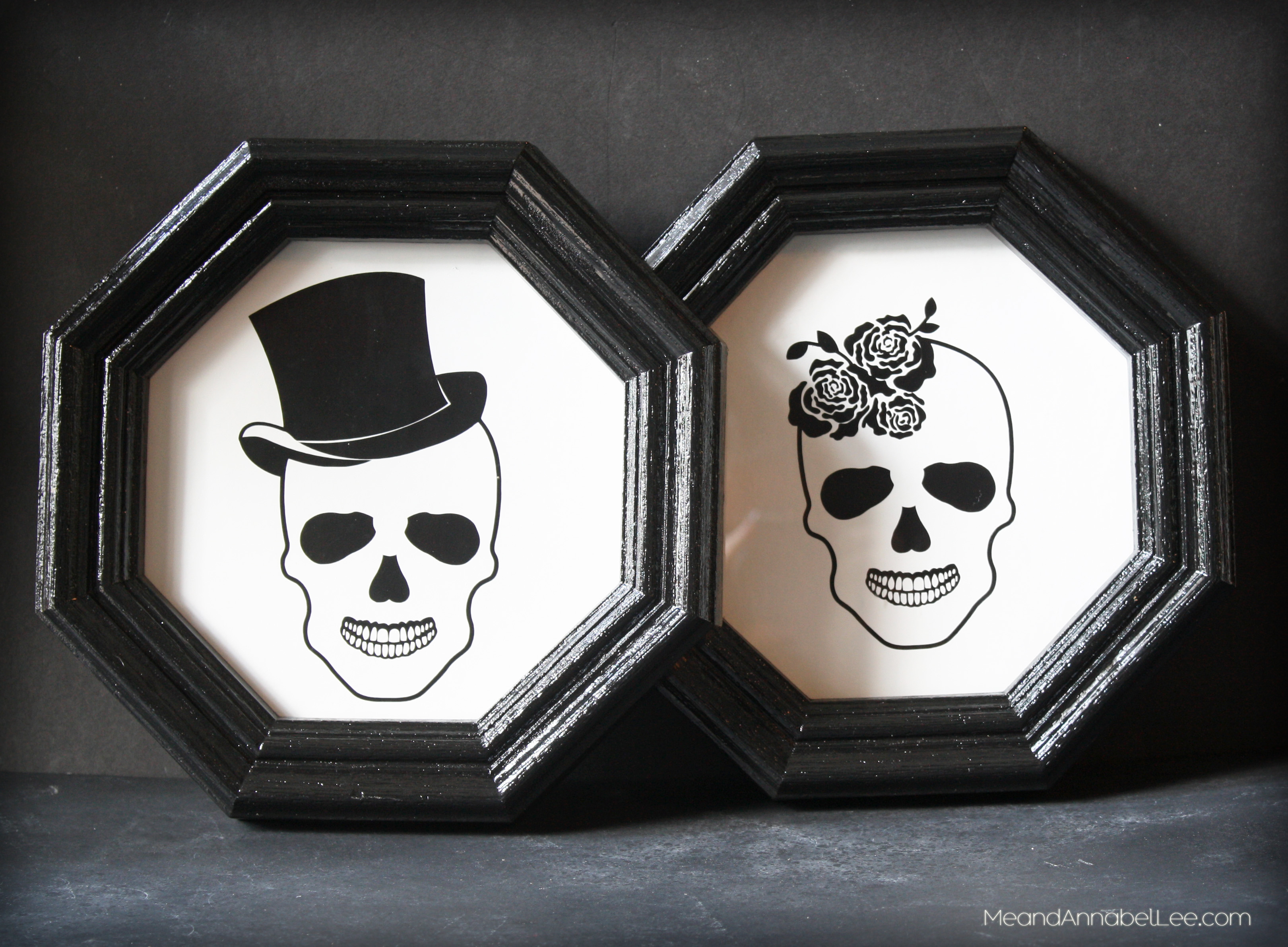 Skull Bride & Groom Signs - Cricut Tutorial - Halloween Wedding Reception Decor - Black & White Wedding - www.MeandAnnabelLee.com