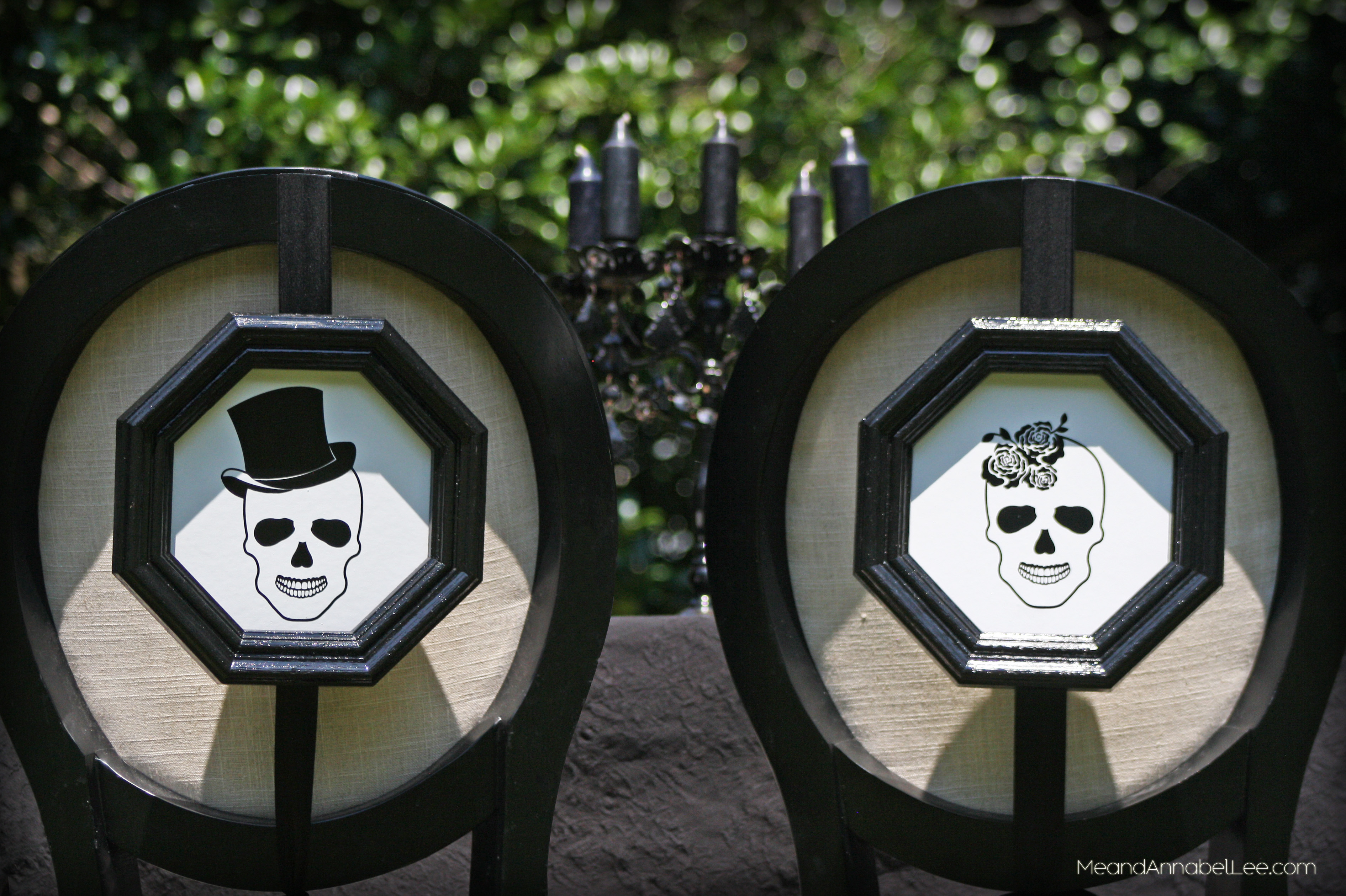 Skull Bride & Groom Signs - Cricut Tutorial - Halloween Wedding Reception Decor - Gothic | Black & White Wedding - www.MeandAnnabelLee.com