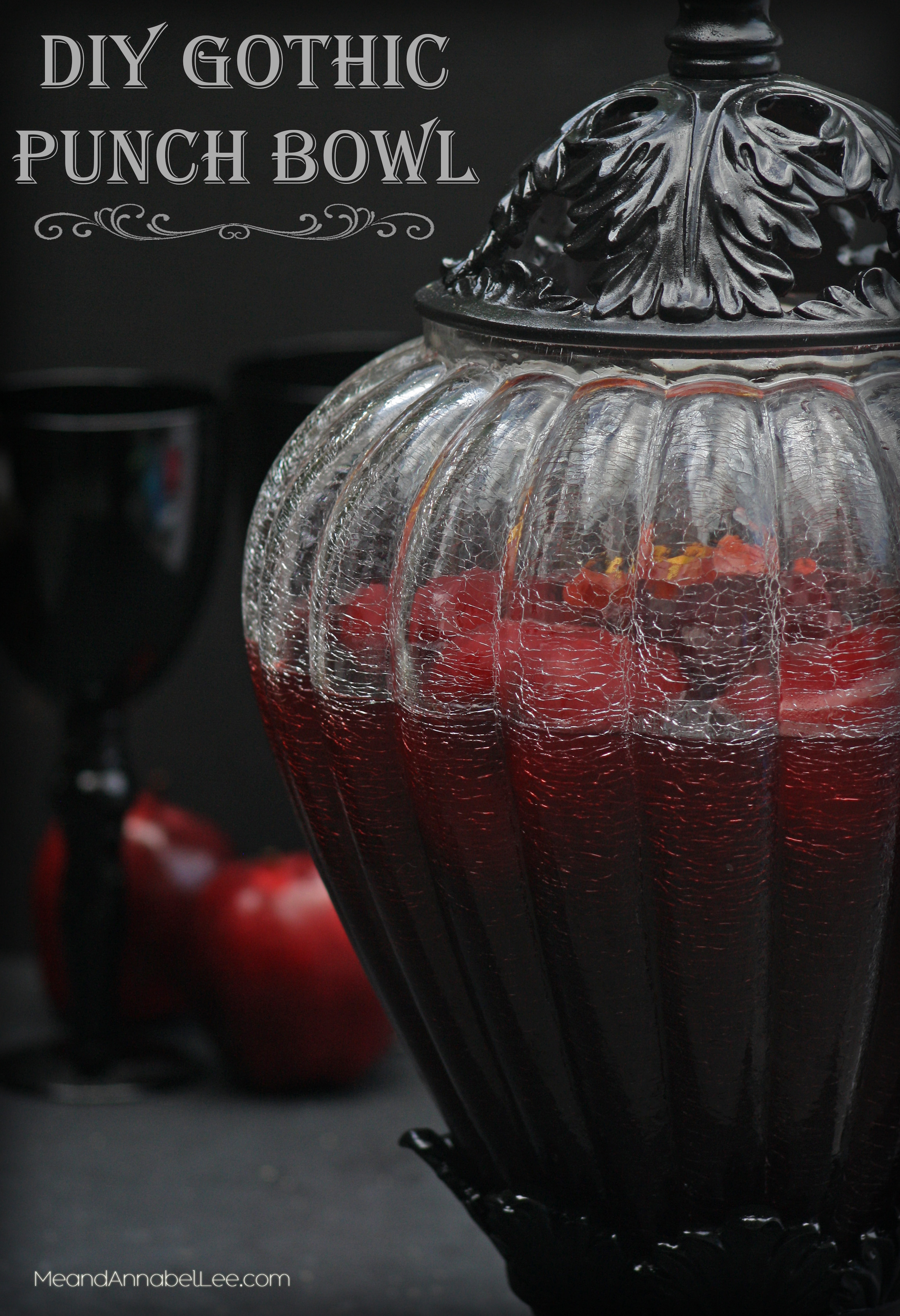 Transform an everyday vase into a Black Gothic Punch Bowl... perfect for a Halloween party or just Gothic Entertaining. Bob for Apples in this Fall Sangria! www.meandannabellee.com
