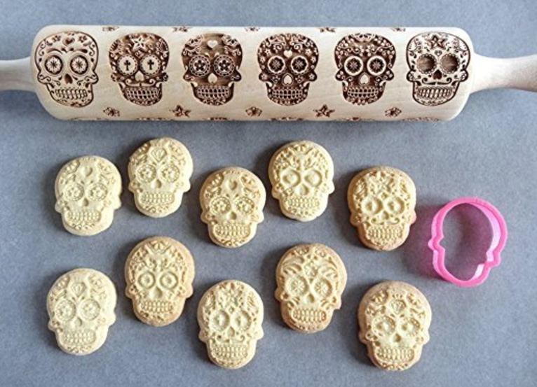 Goth it yourself Embossed sugar skull shortbread cookies.... Skull Pattern Rolling Pin - www.MeandAnnabelLee.com - Blog for all things Dark, Gothic, Victorian, & Unusual