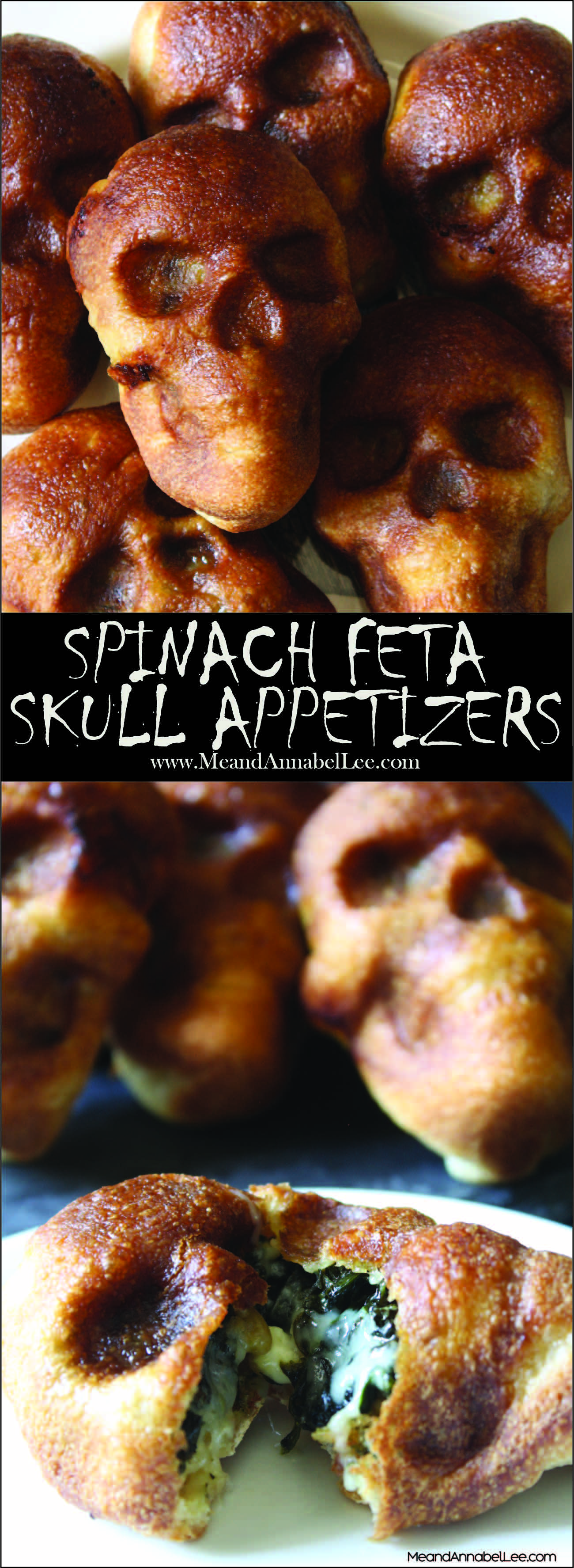 Spinach Feta Stuffed Skull Appetizers - Halloween Treats - Gothic Baking - www.MeandAnnabelLee