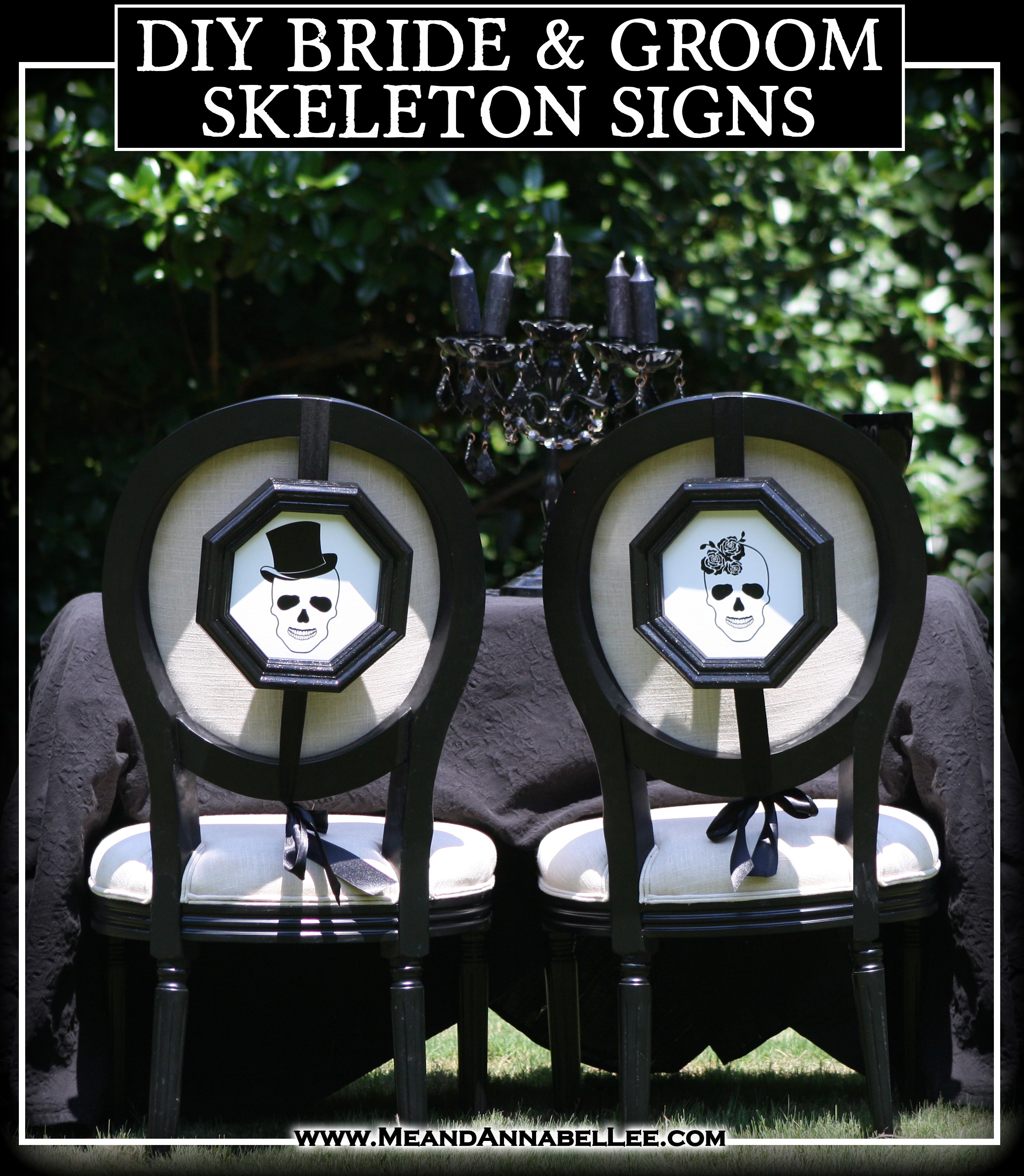 DIY Skull Bride & Groom Signs - Cricut Tutorial - Halloween Wedding Reception Decor - Gothic | Black & White Wedding - www.MeandAnnabelLee.com