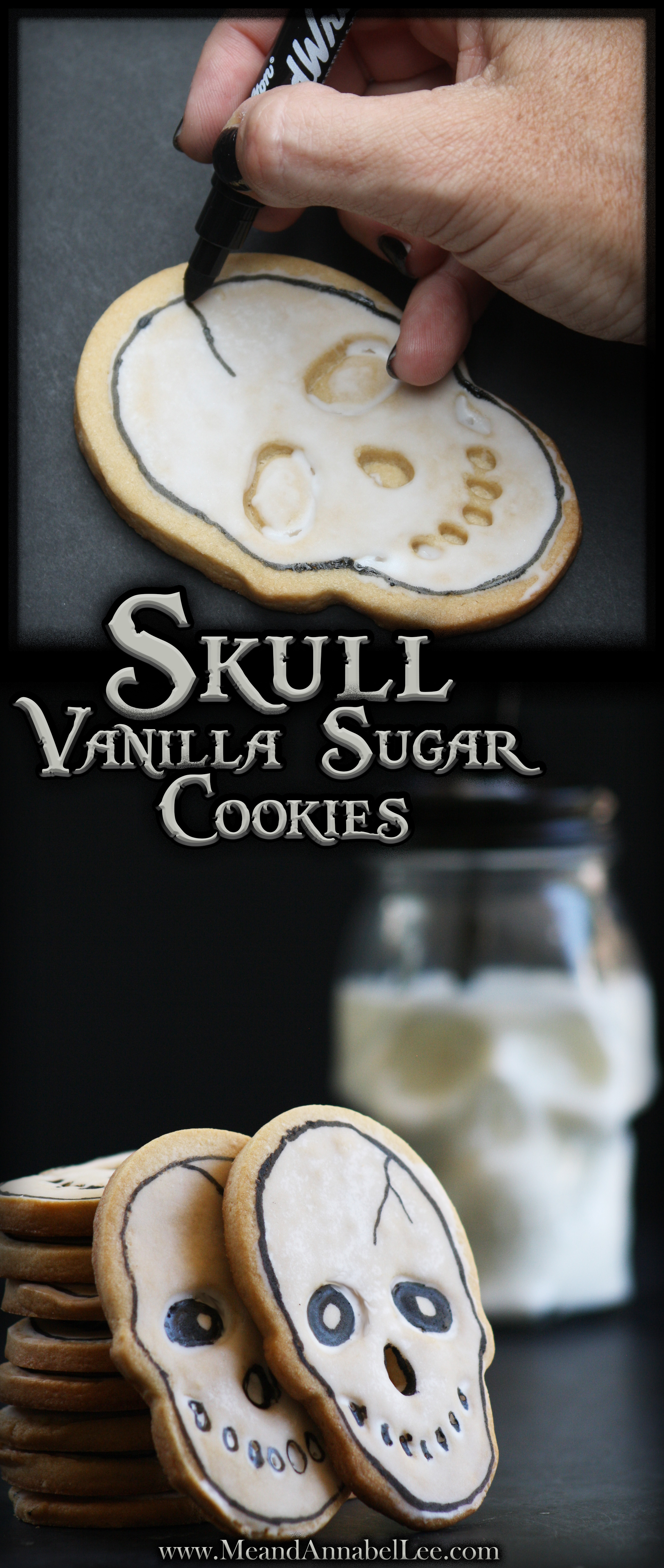 Halloween Skull Cookies - Wilton Edible Write and Cookie Icing - Vanilla Sugar Cookie Recipe- gothic Baking | www.meandannabellee.com