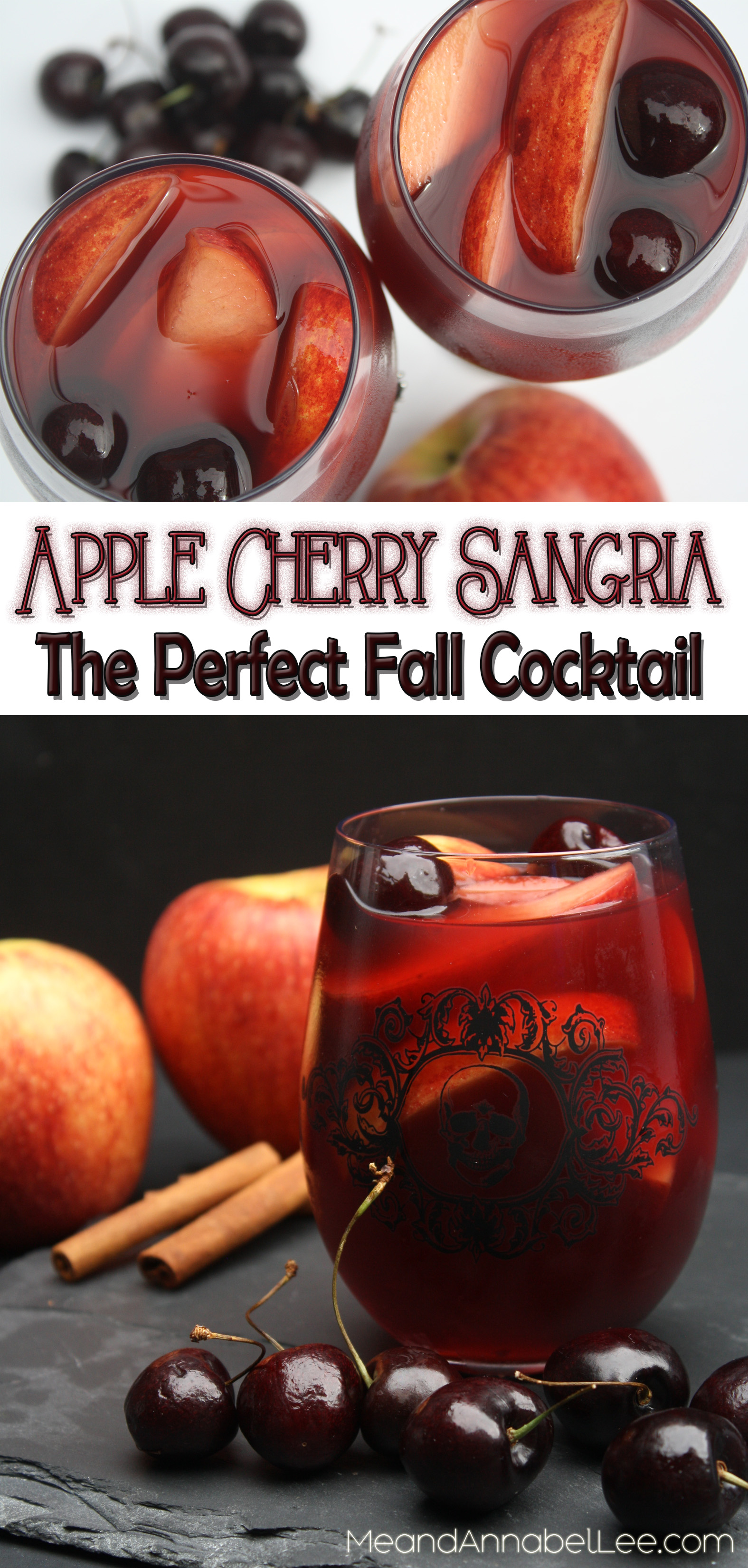 Apple Cherry Sangria....A mix of Envy Apples, Cinnamon, and Cherries make up this Fall inspired cocktail.... perfect for Halloween, Thanksgiving, or a Fall Party! - www.MeandAnnabelLee.com