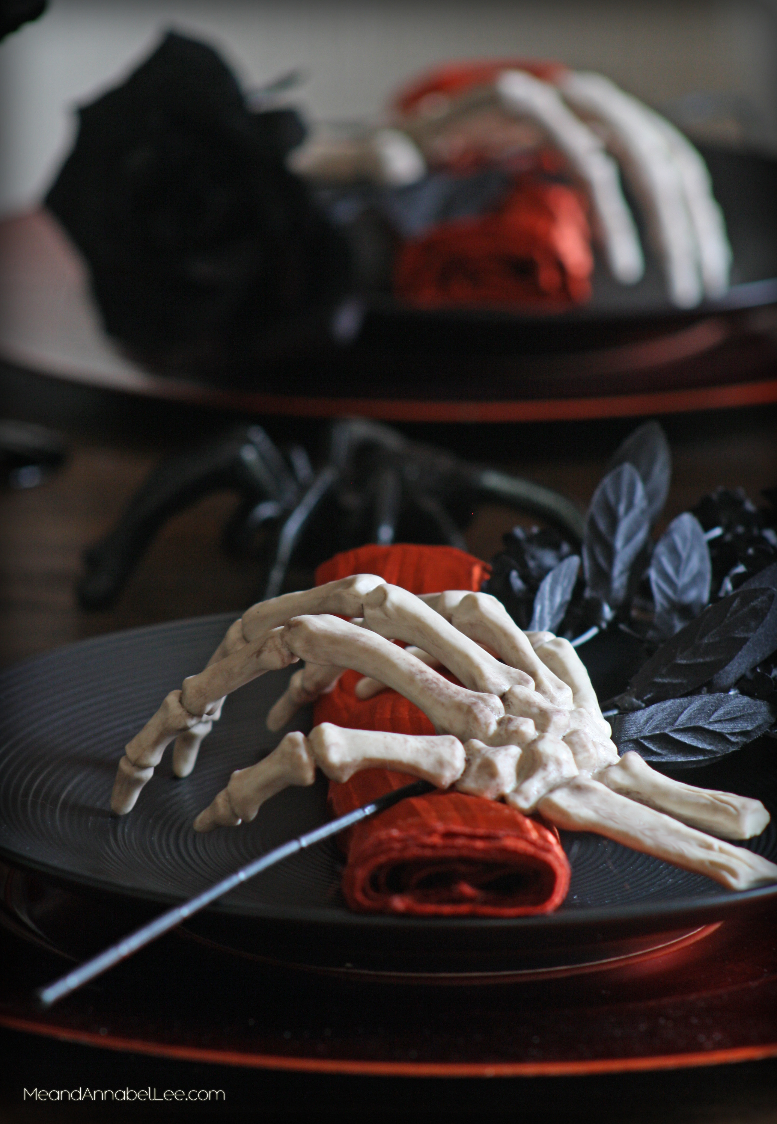 Skeleton Hands Halloween Napkin holders | Halloween Table Setting | Gothic Dinner Party | www.meandannabellee.com