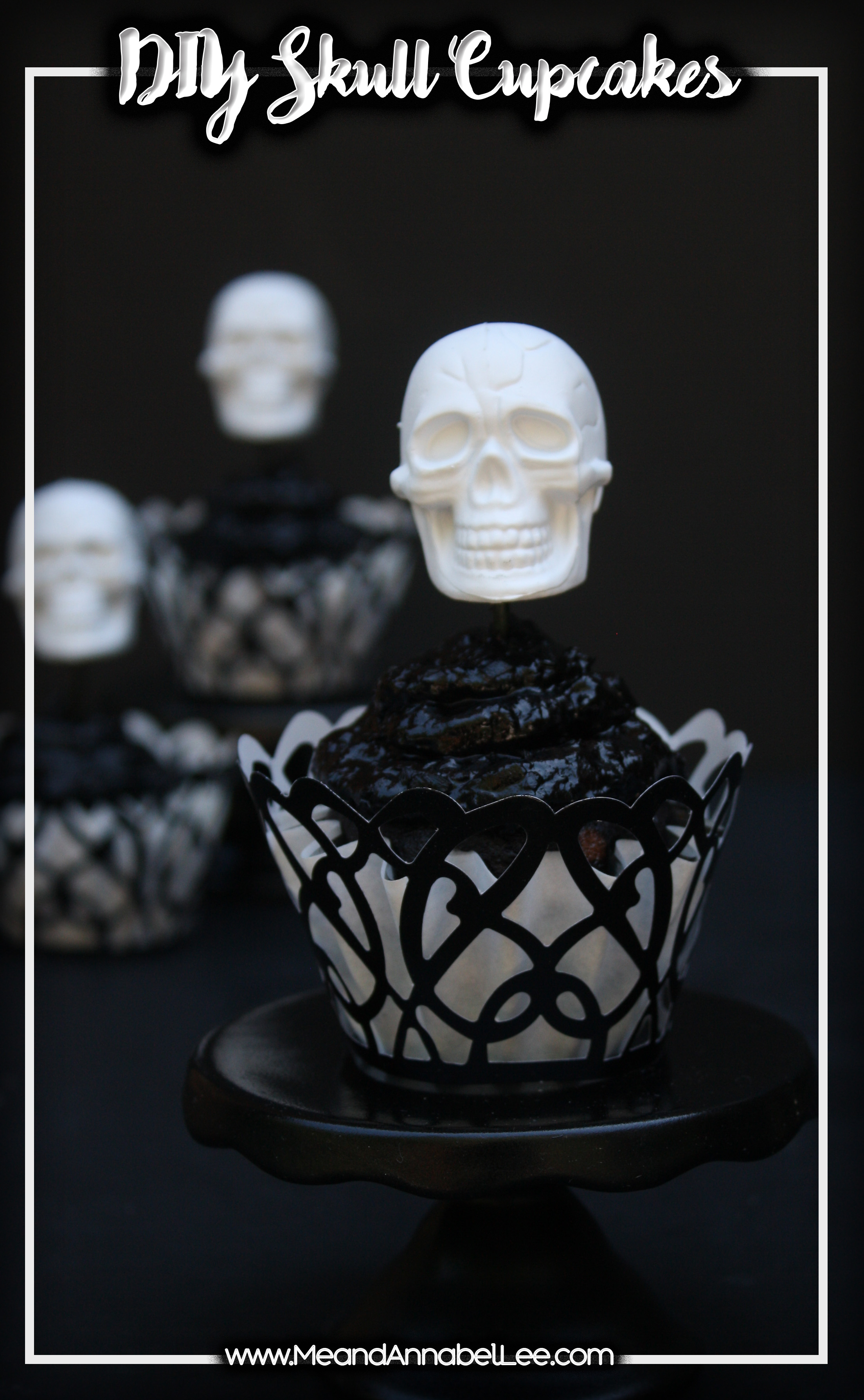 Skull Cupcakes - DIY Skull Toppers | Black Cupcakes | Halloween Treats | Gothic Baking | www.MeandAnnabelLee.com