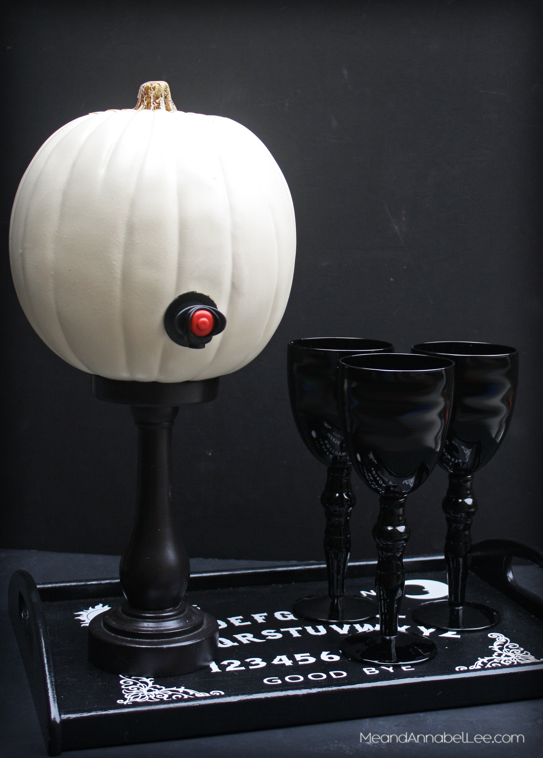 DIY Pumpkin Wine Dispenser Pedestal | Halloween Party | Fall Decor | Ouija Board Tray | www.meandannabellee.com
