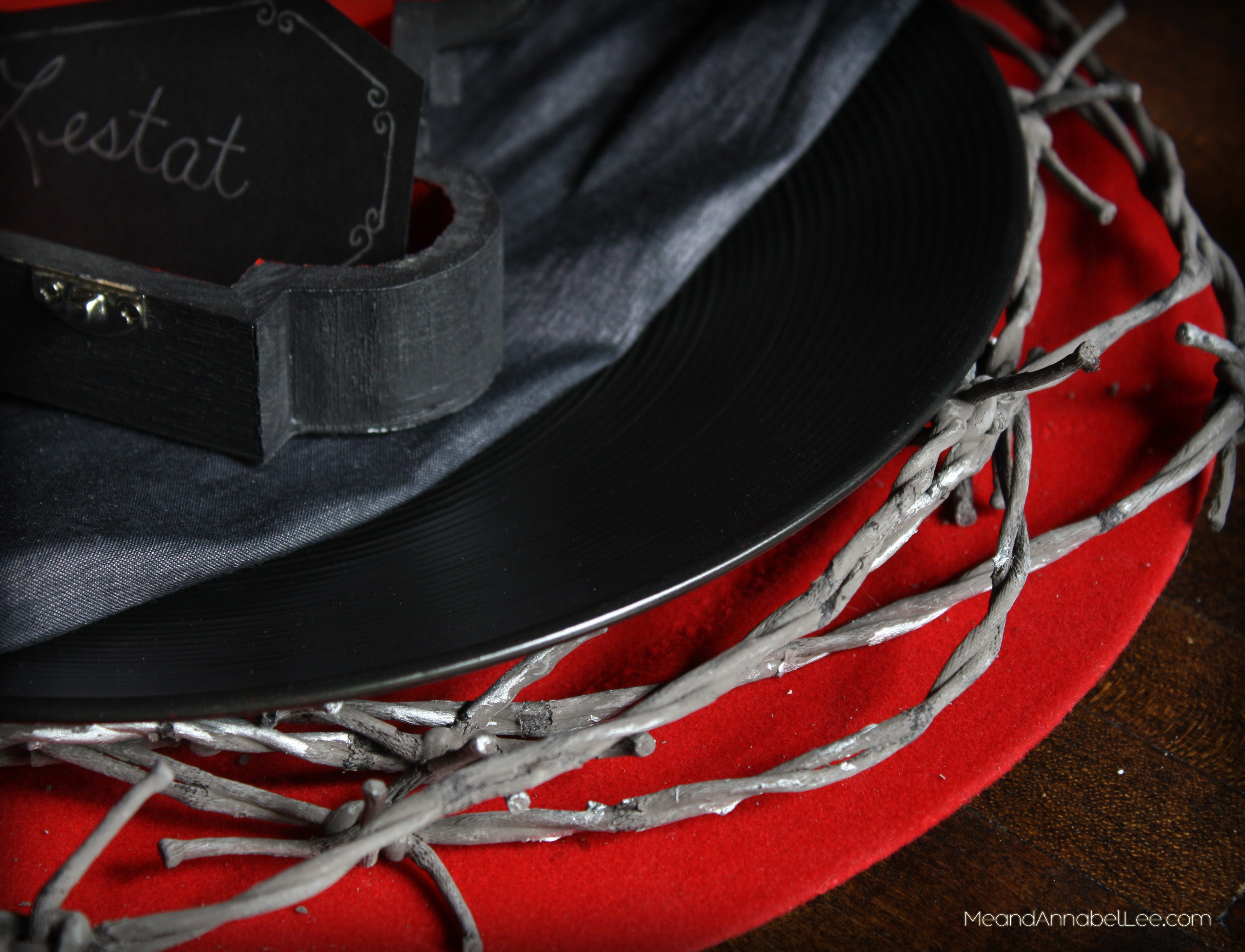 Vampire Dinner Party Place Setting | Coffin | Faux Barbed Wire | Halloween Party Decor | Red & Black Table | www.meandannabellee.com