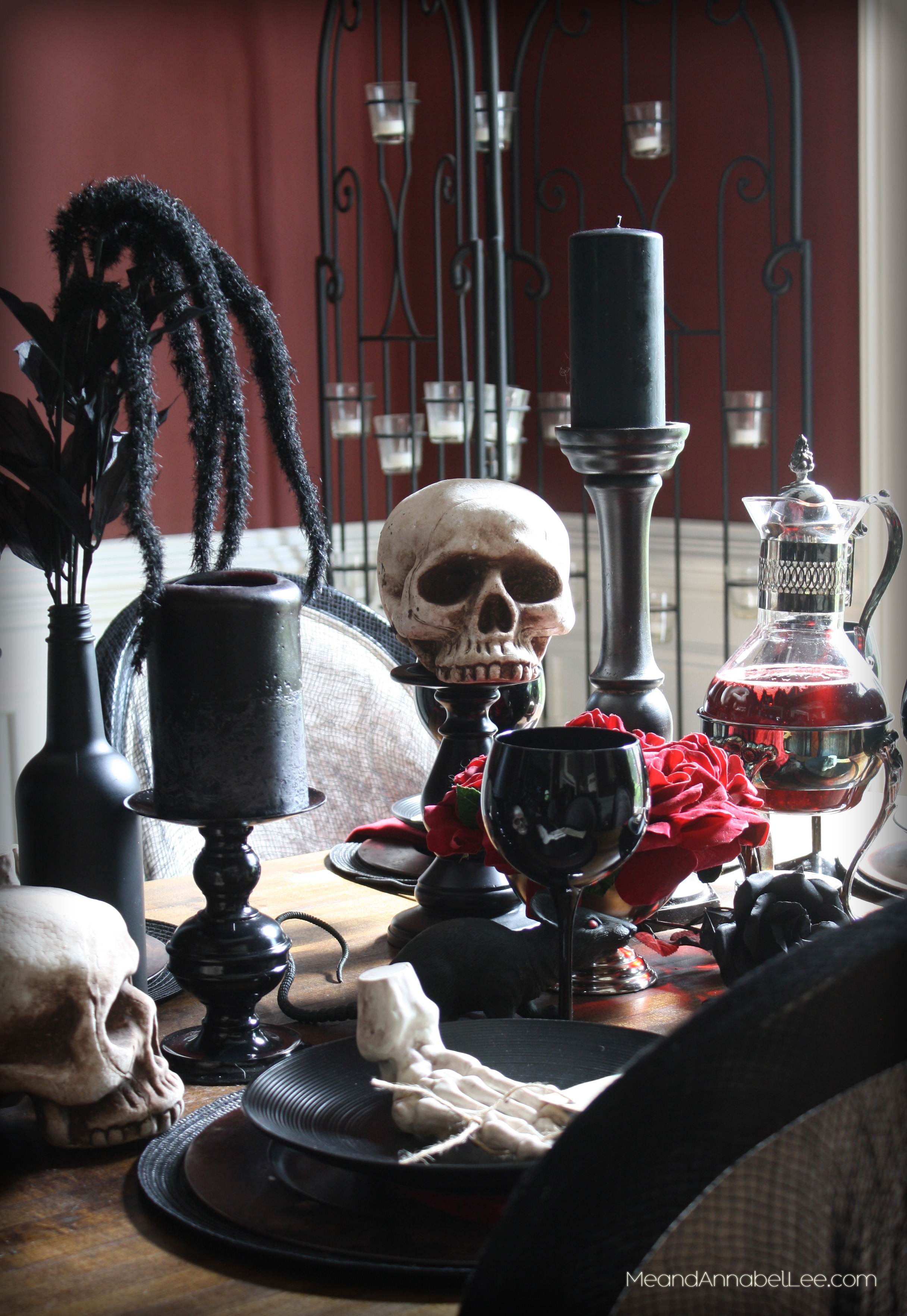 Halloween Dinner Party Tablescape | Gothic Decor | Skull and Roses | www.MeandAnnabelLee.com