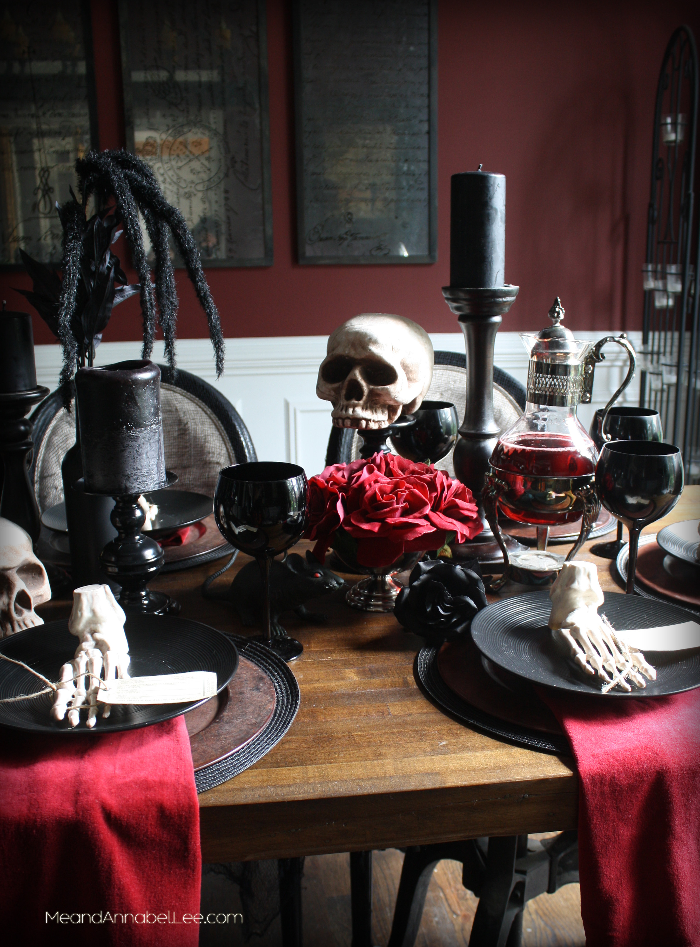 Gothic Table Setting | Halloween Dinner Party | Dark Floral | Black Candles | www.MeandAnnabelLee.com