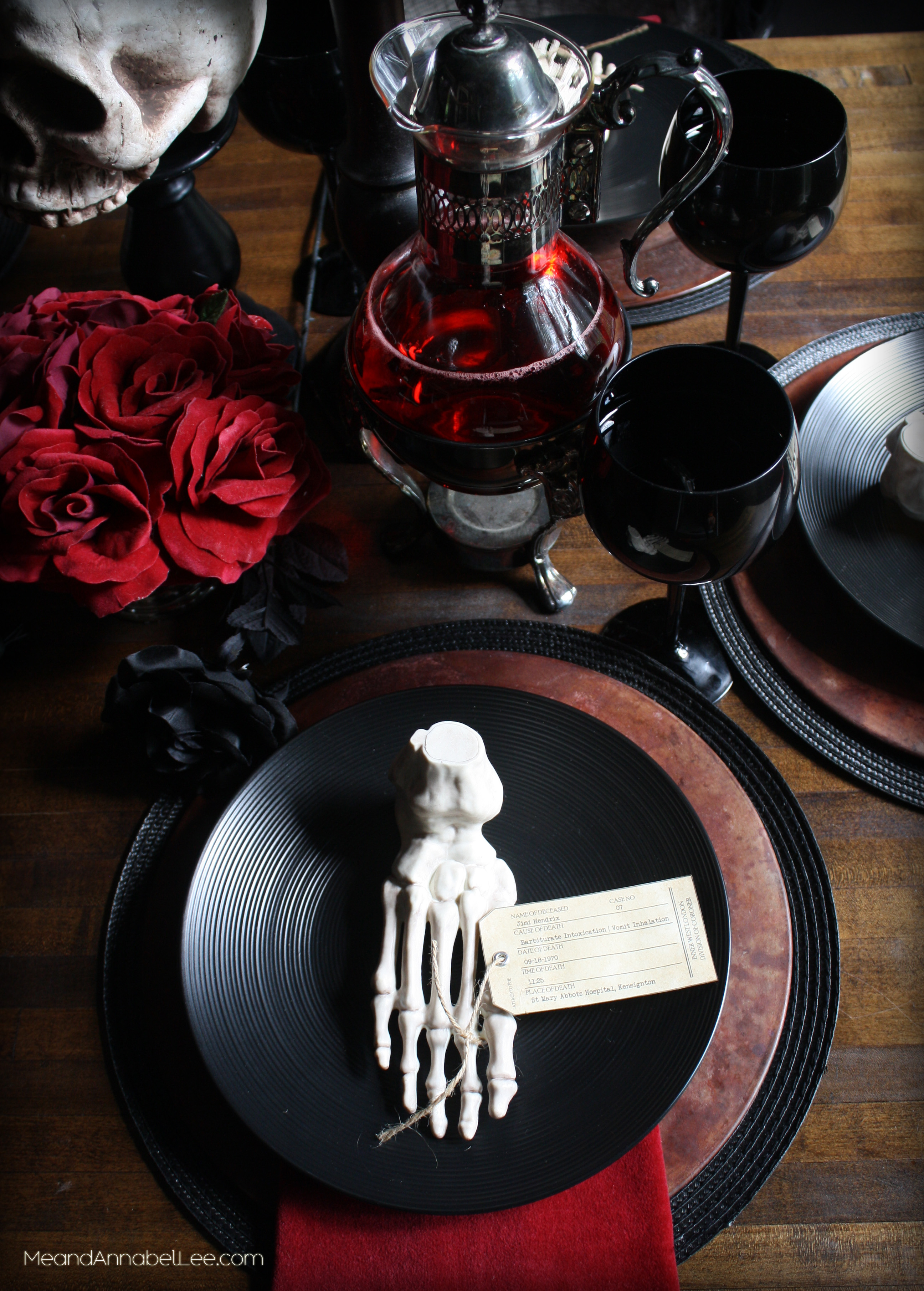 Skeleton and Toe Tag Halloween Seating Card | Black Red Gothic Place Setting | www.MeandAnnabelLee.com