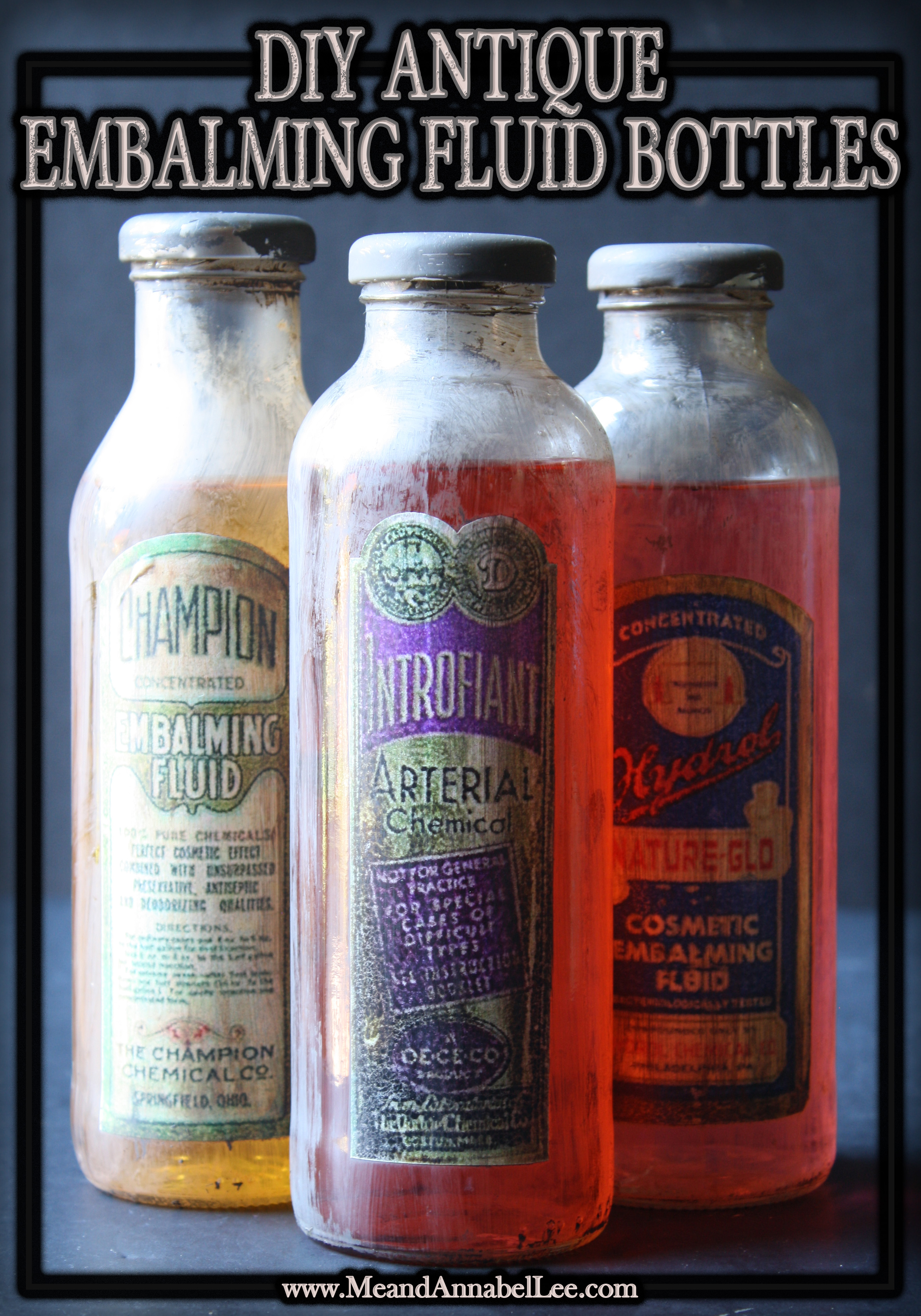 DIY Antique Glass Embalming Fluid Apothecary Bottles | Halloween Decor | www.MendAnnabelLee.com