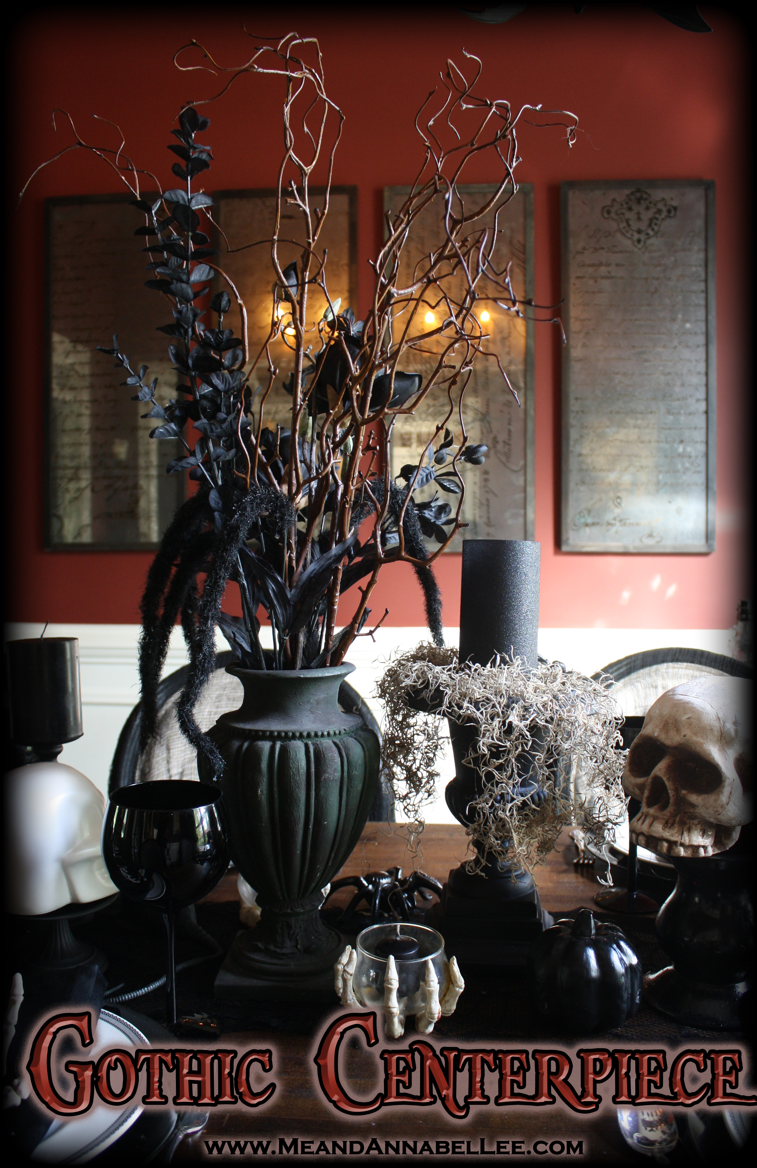 Gothic Floral Arrangement Centerpiece | Halloween Dinner Party | Skulls | www.MeandAnnabelLee.com