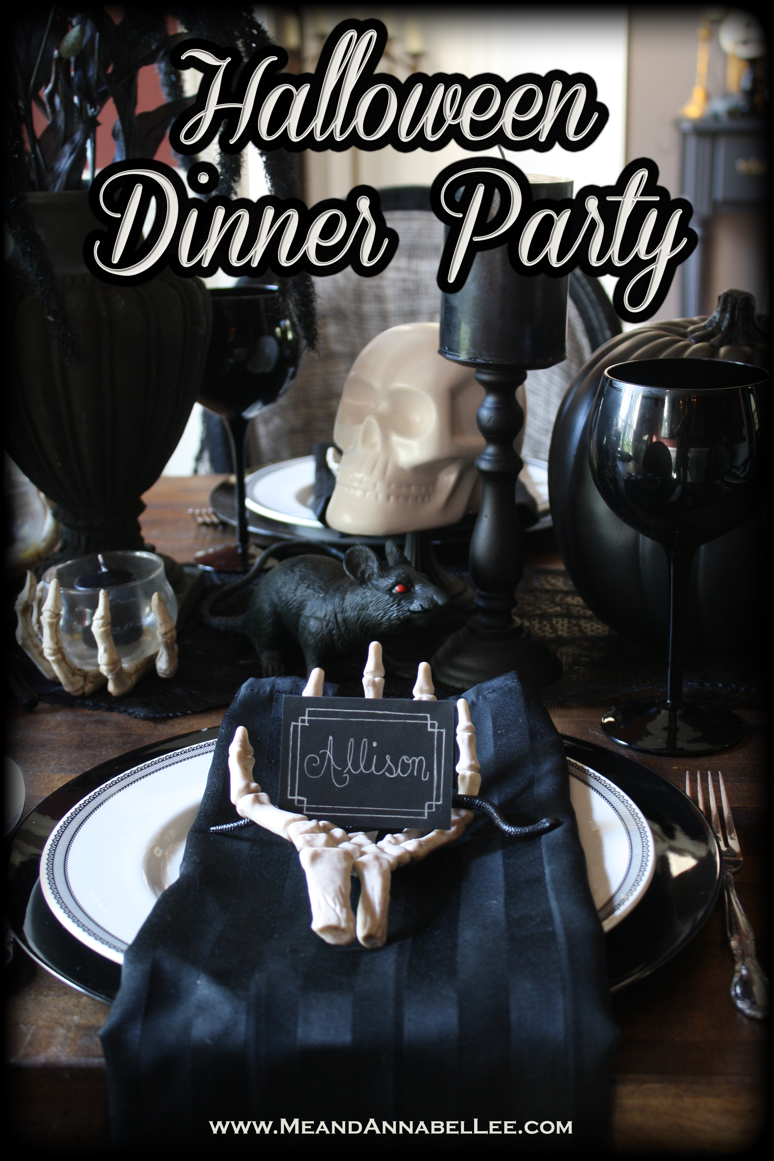 Halloween Dinner Party Place Setting | Skeletons | Gothic Seating Card | www.MeandAnnabelLee.com