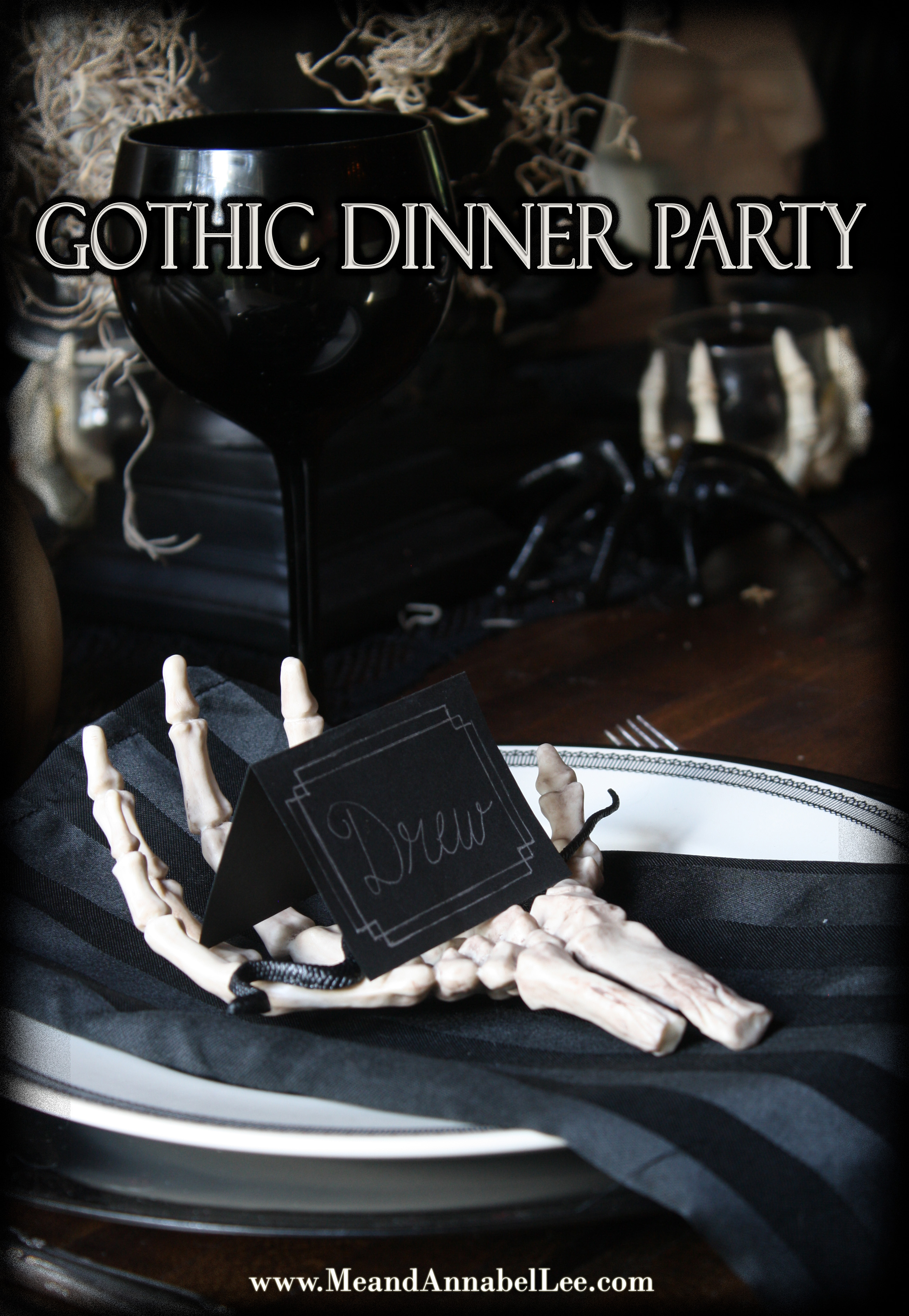 Gothic Dinner Party | Halloween Place Setting | Skeleton Seating Cards | www.MeandAnnabelLee.com